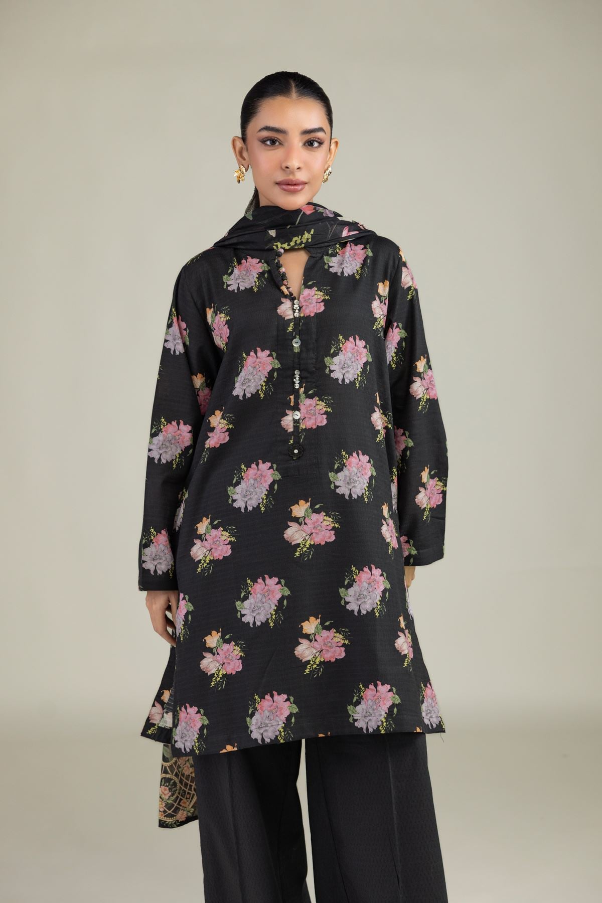 Printed Cotton Dobby Black Floral Kurta - 1-26-102-A-F-VG