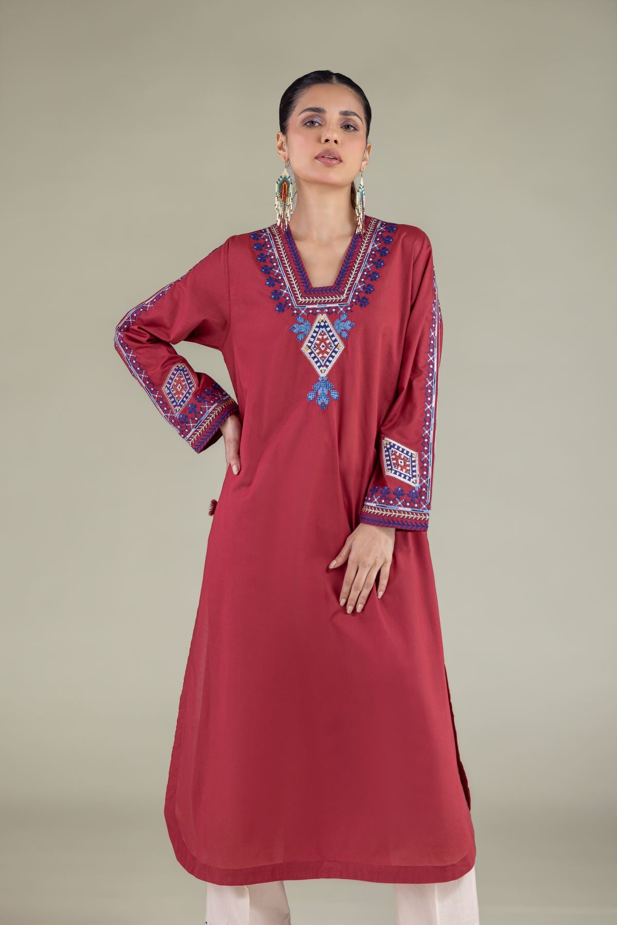 Embroidered Cambric V-Neck Geometric Kurta - 1-26-137-A-F-VG