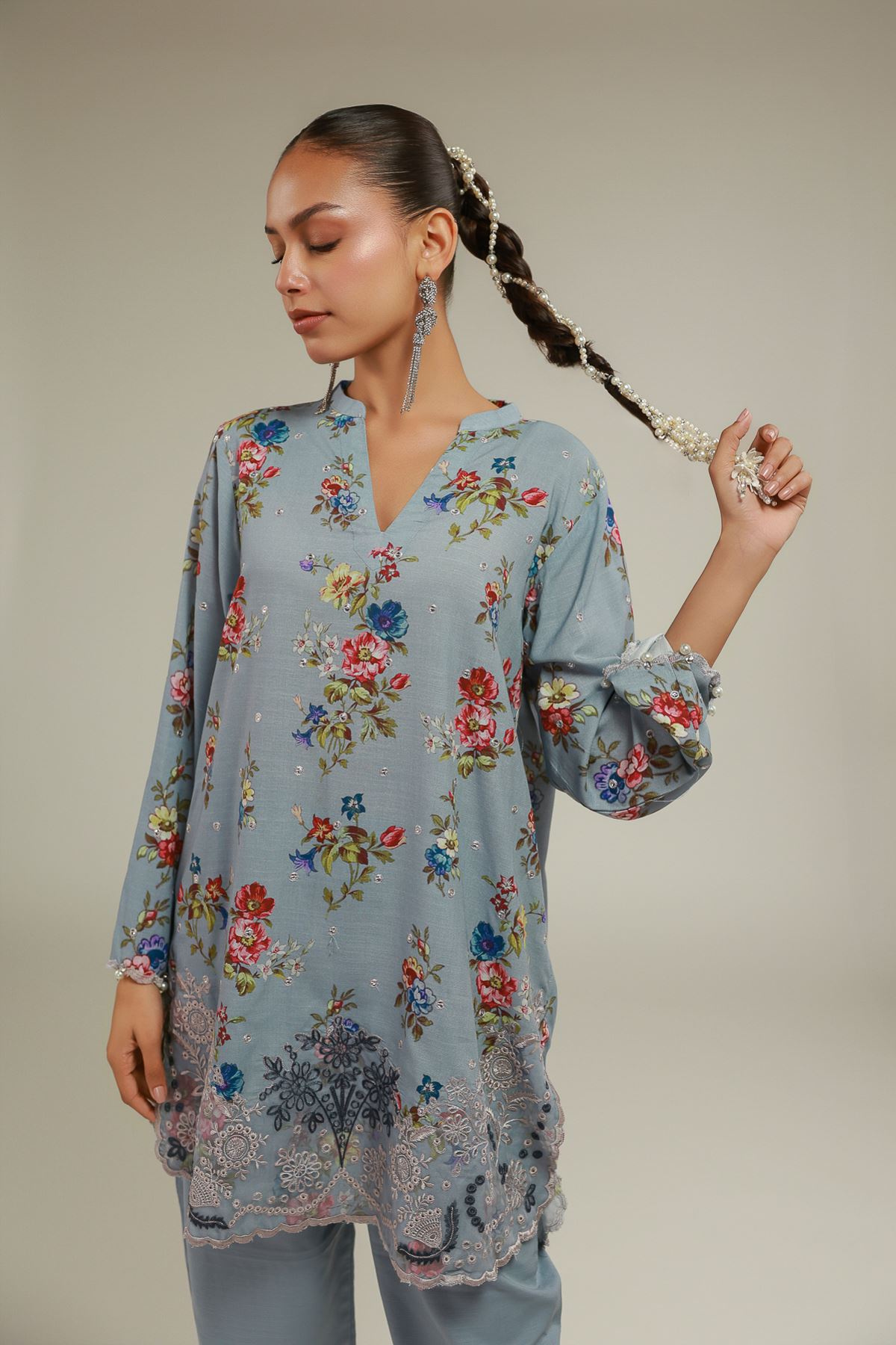 Embroidered Raw Silk Floral Lace Kurta - 1-26-108-A-F-VG