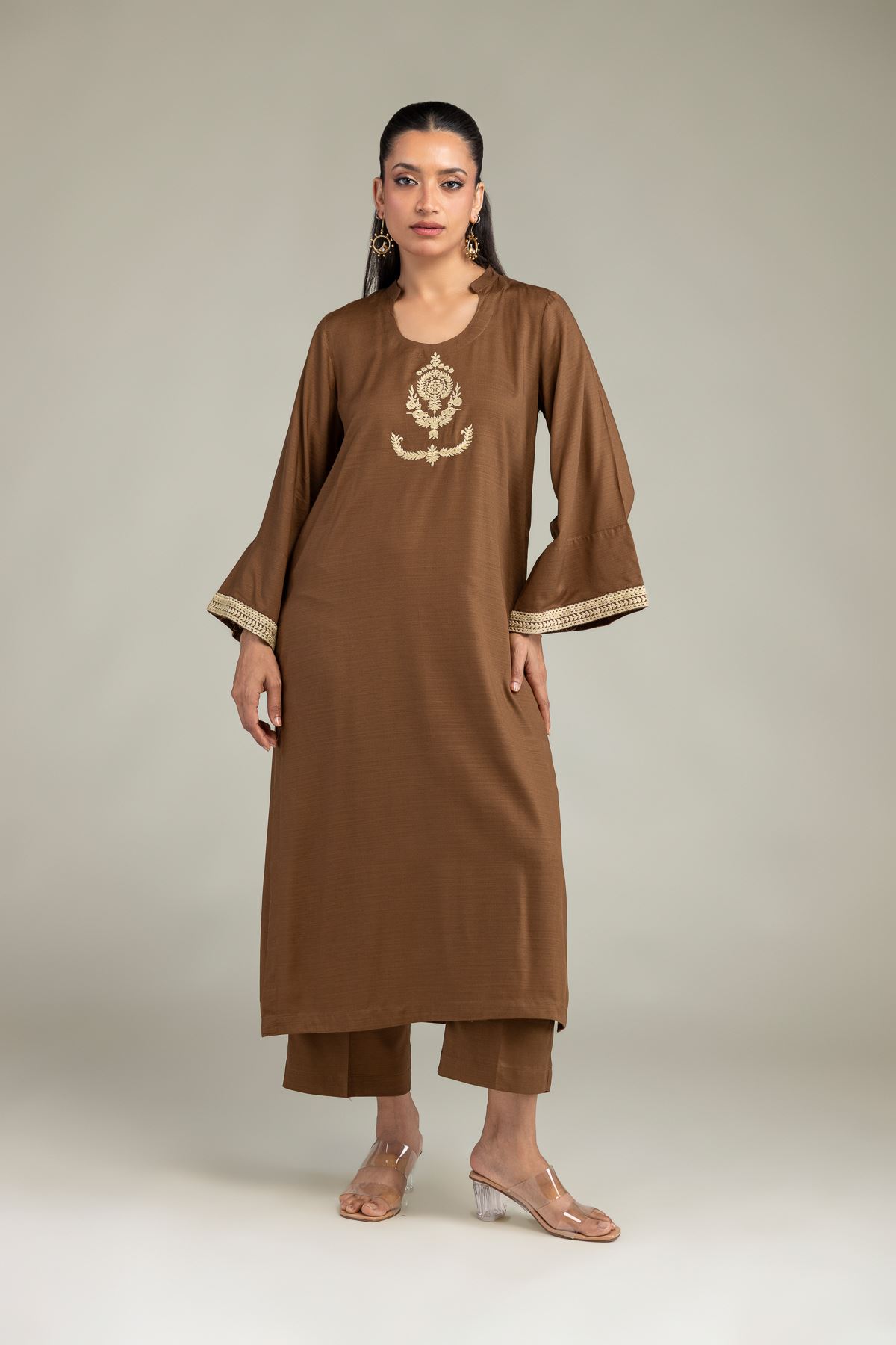 Dyed Raw Silk Solid Brown Kurta - 1-26-322-B-A1-VG
