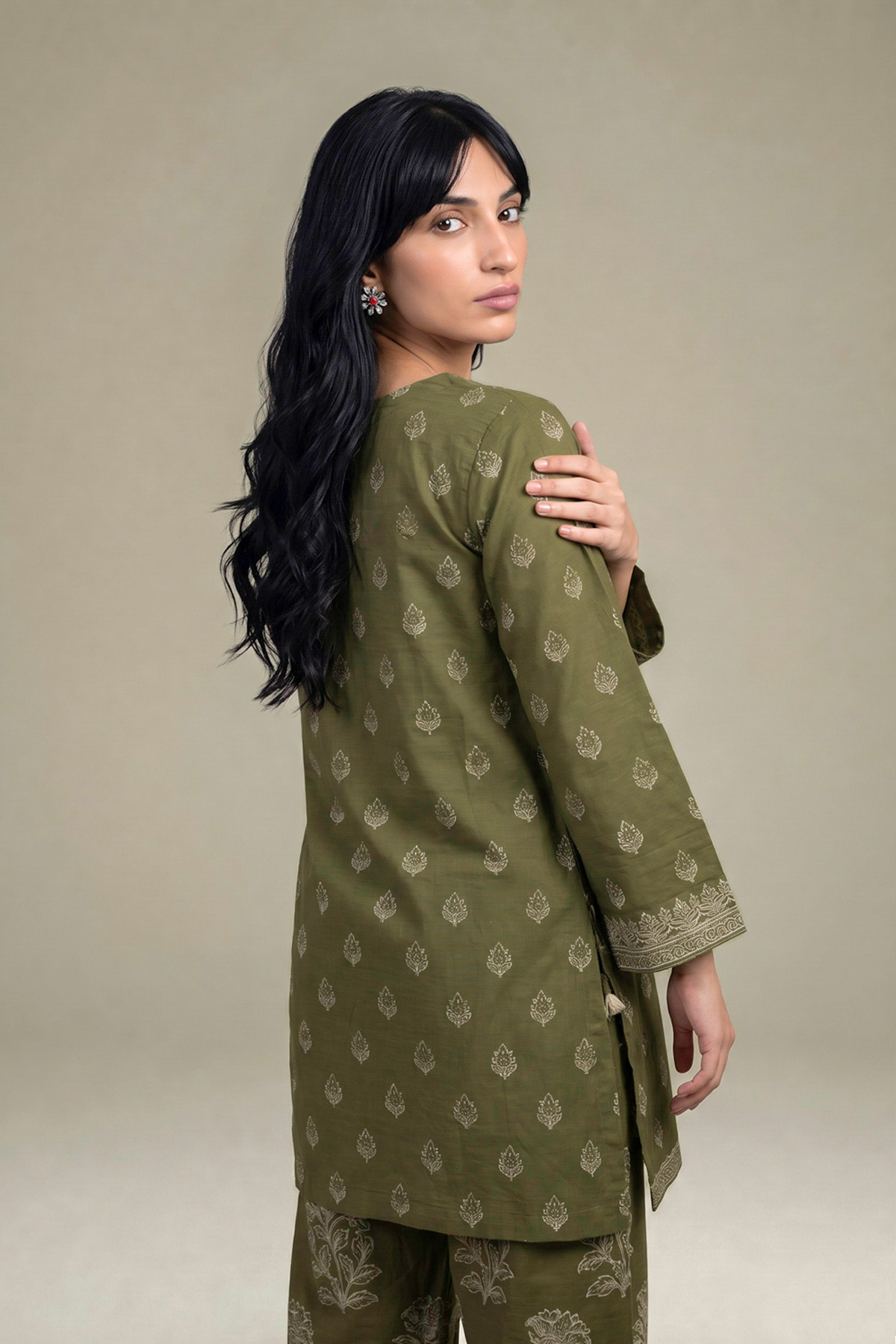 Printed Light Khaddar Printed Olive Kurta - 2-26-308-A-G1-VG