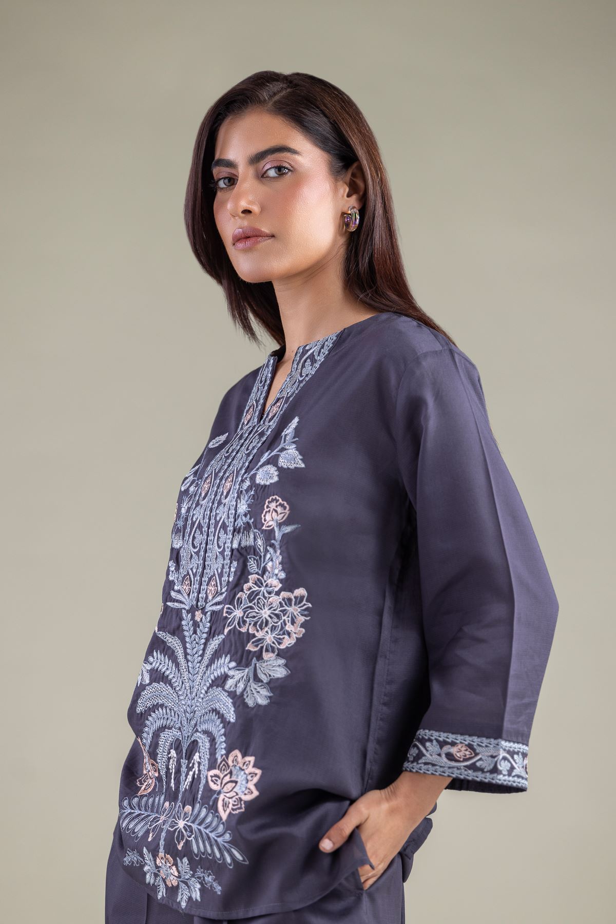 Embroidered Textured Weave Tunic - 6-26-102-A-A-VG