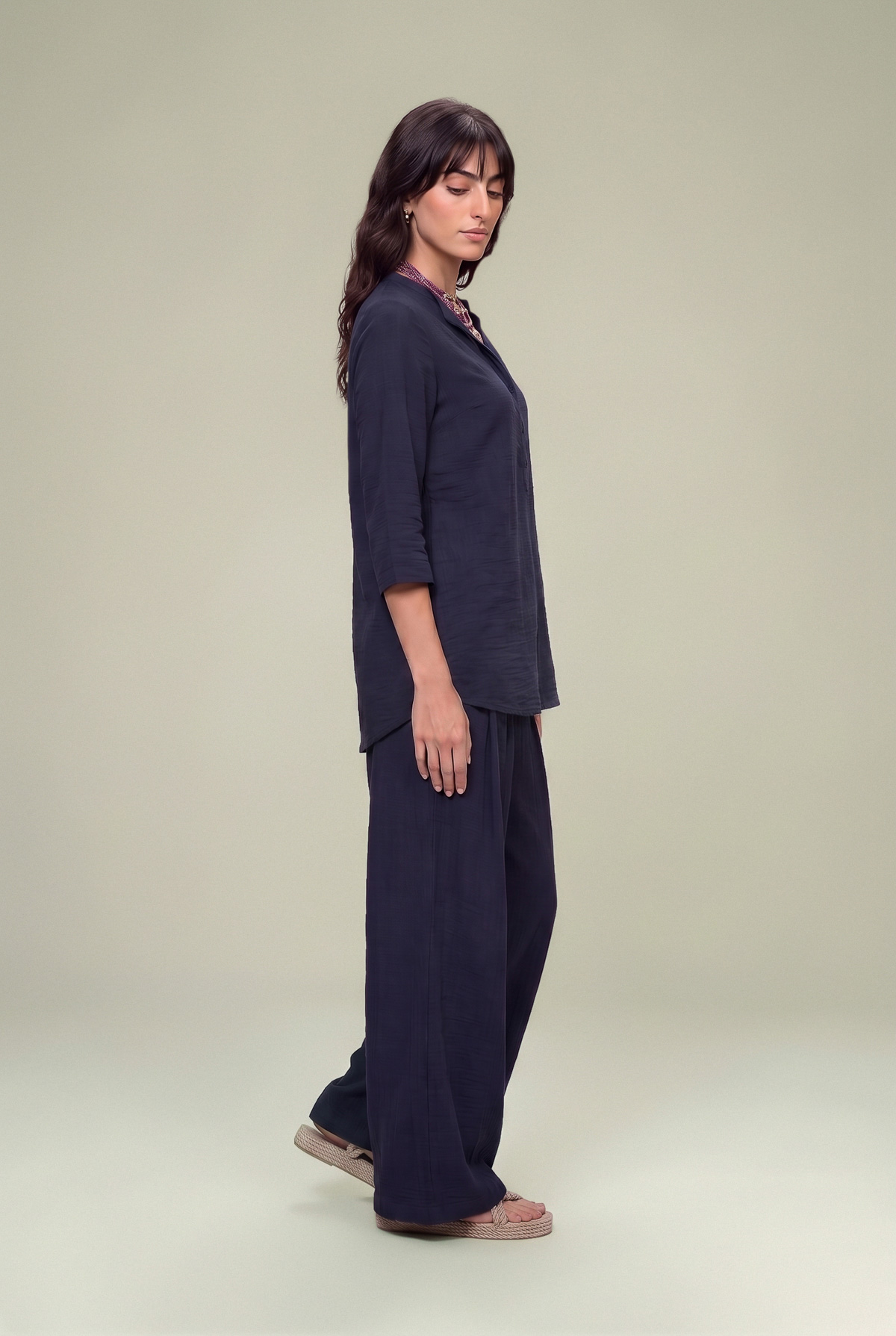 Dyed Textured Georgette V-Neck Navy Tunic - 1-26-229-B-F1-VG