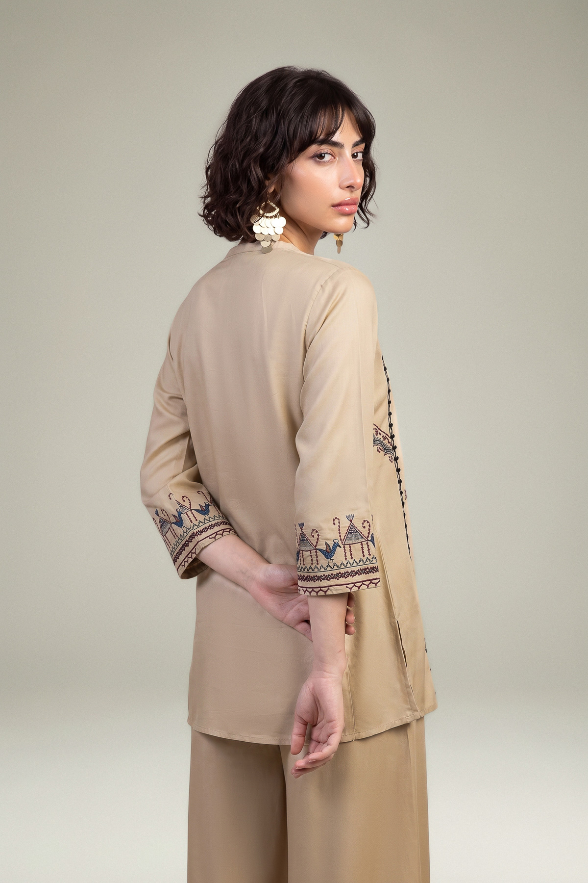 Embroidered Viscose Crepe Beige V-Neck Tunic - 1-26-309-B-D1-VG
