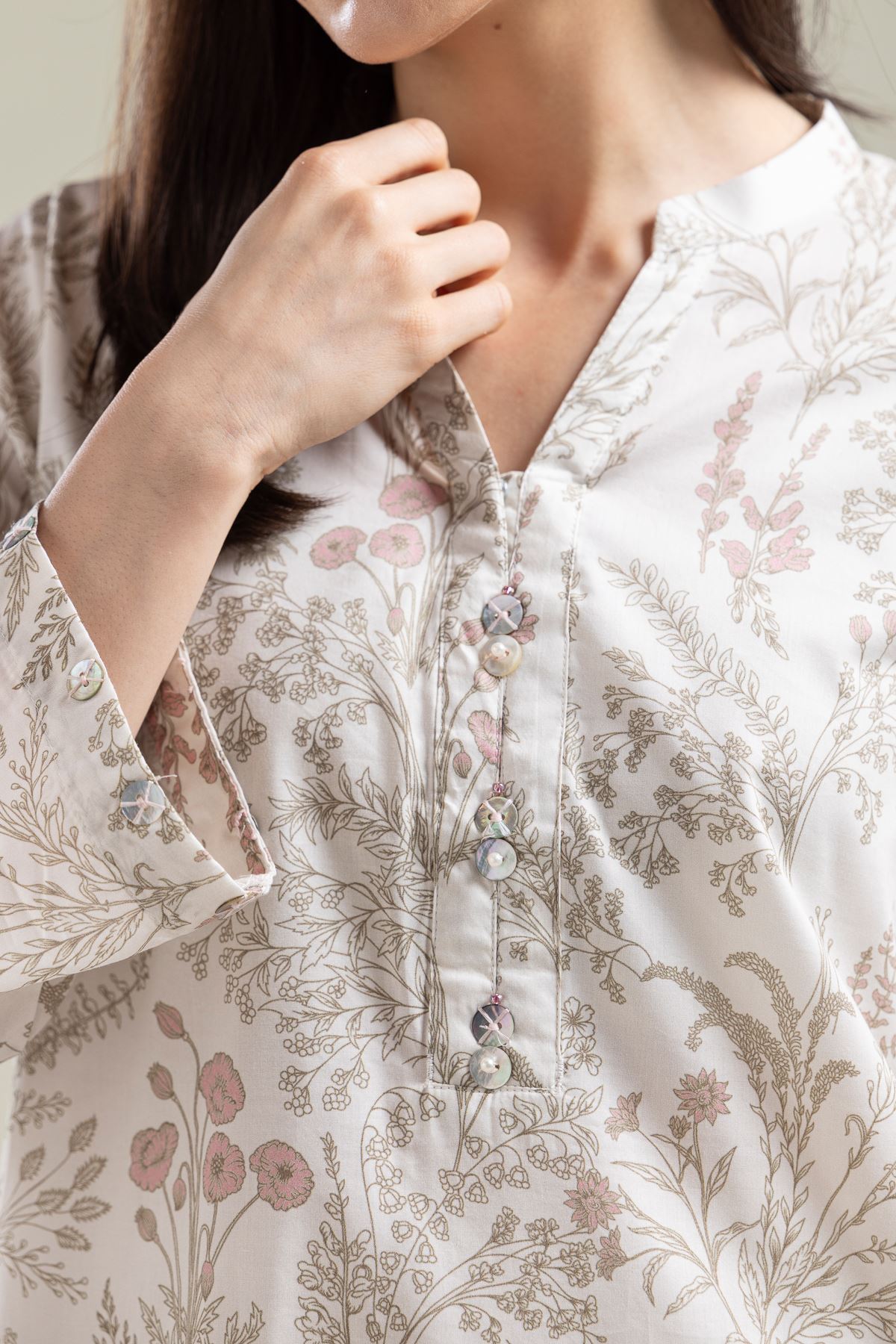 Printed Cotton Viscose Floral V-Neck Kurta - 1-26-134-A-F-VG