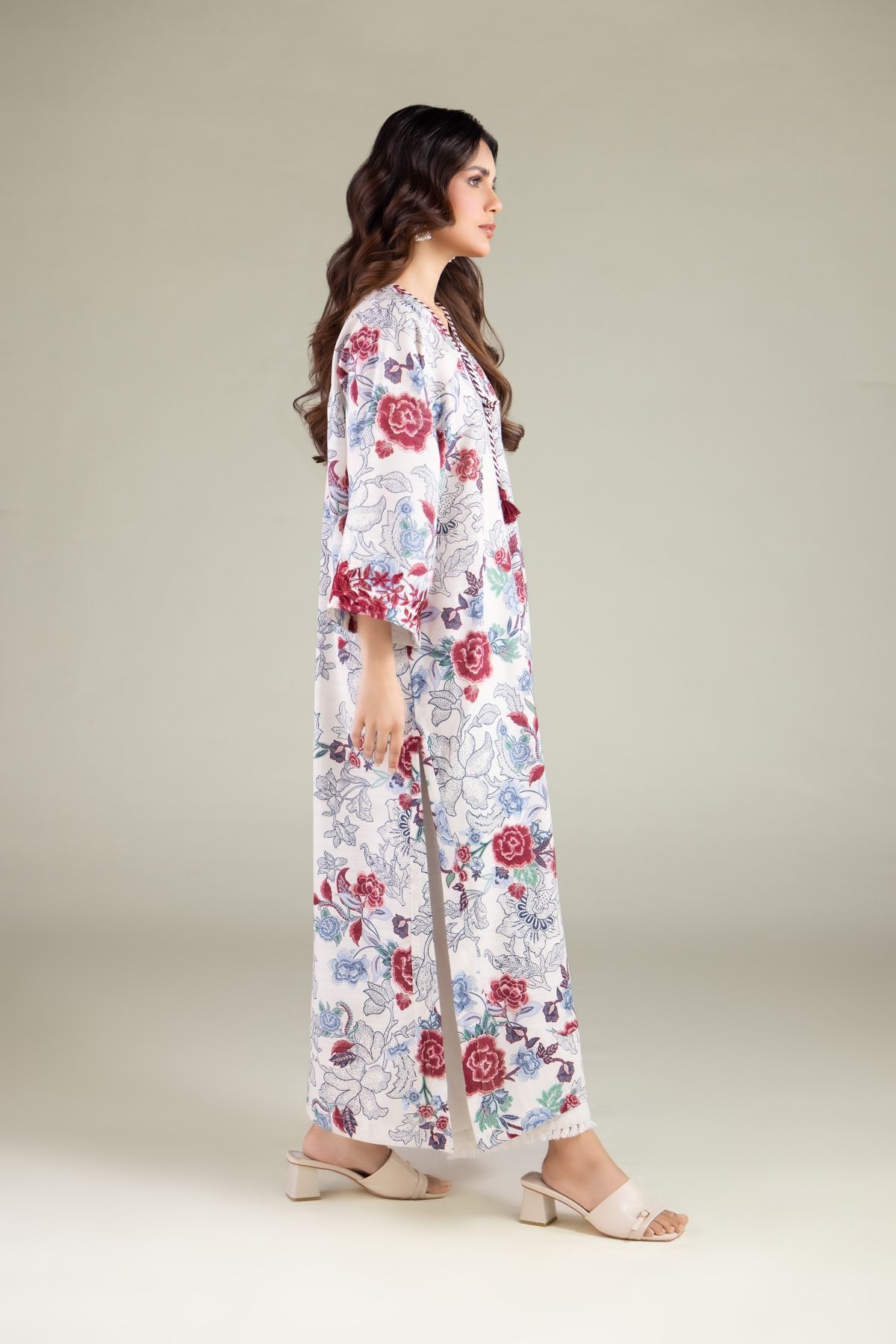 Embroidered Textured Cotton Floral Longline Kurta - 25-07-7E4-08TB-VG