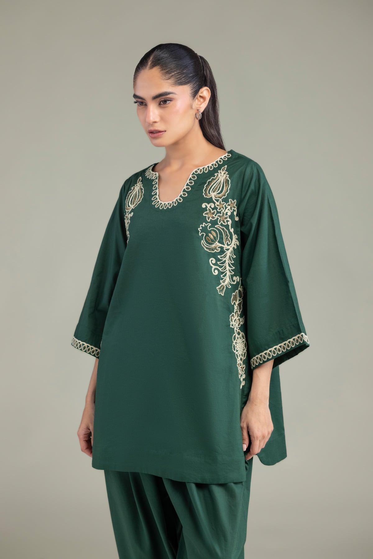 Embroidered Cambric V-Neck Green Kurta - 1-26-102-A-F-VG