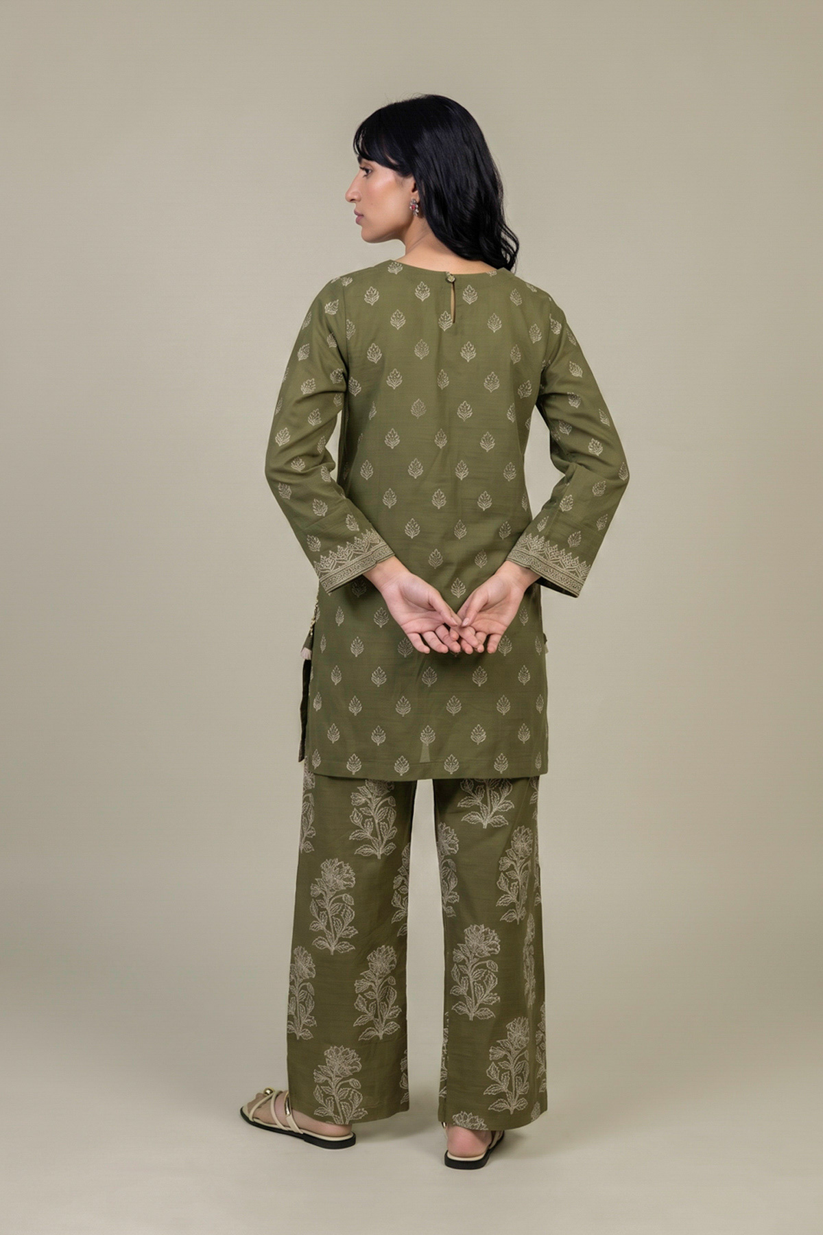 Printed Light Khaddar Printed Olive Kurta - 2-26-308-A-G1-VG