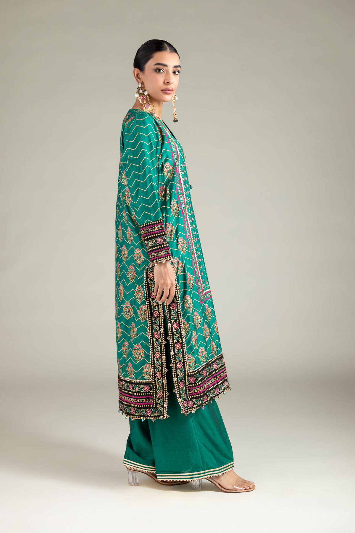 Printed Raw Silk 3 Piece Co-ord Set - 2-26-112-A-C-VG