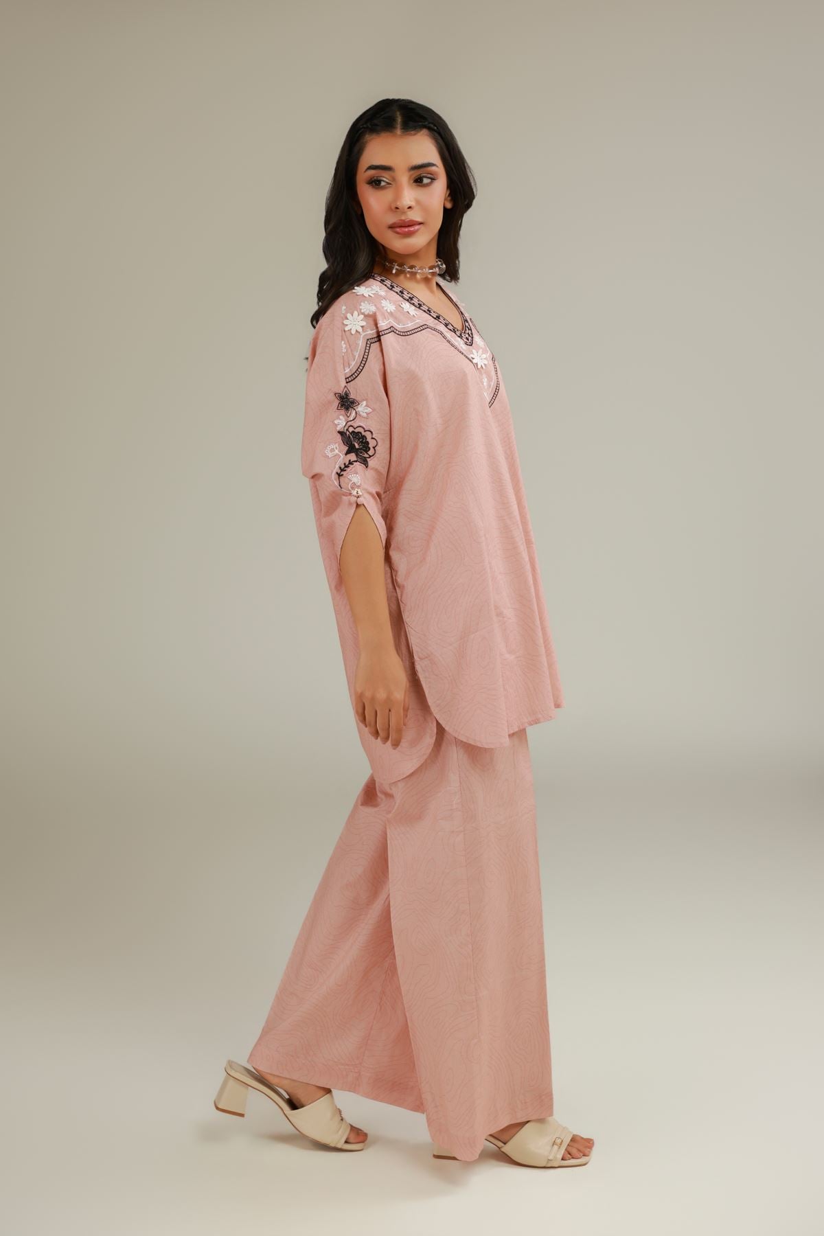 Embroidered Cotton Dobby Pink Cotton Pants - 1-26-120-B-E-VG