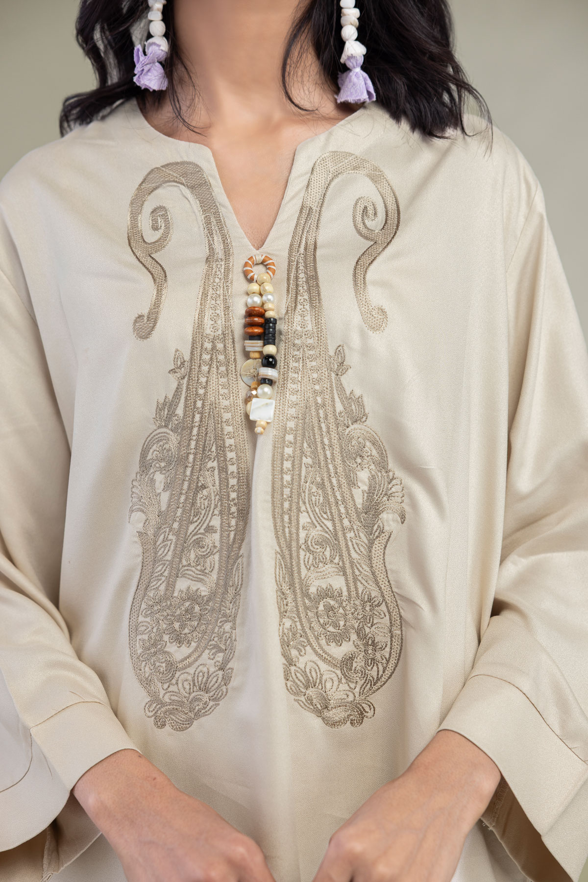 Embroidered Viscose Crepe Short V-Neck Tunic - 1-26-250-B-H1-VG