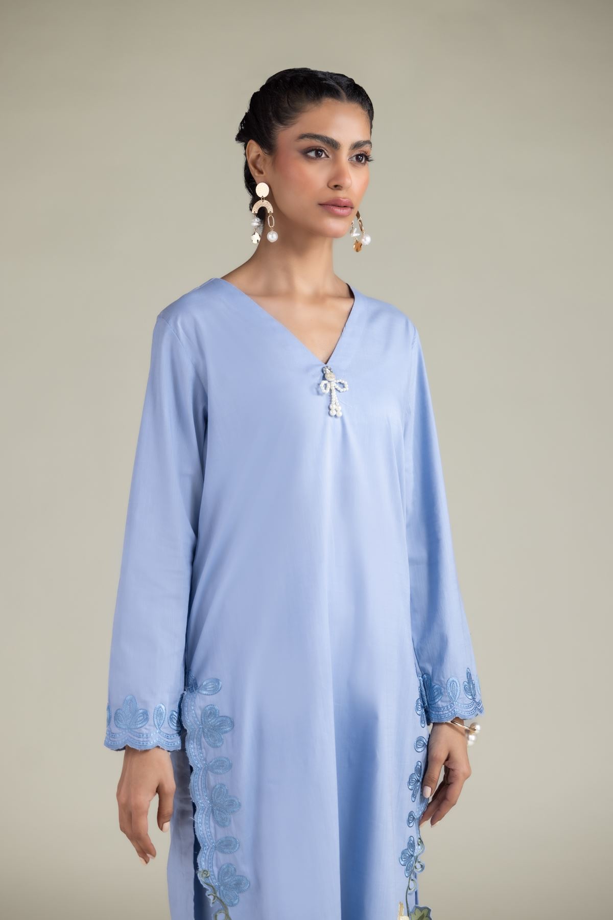 Embroidered Textured Cotton Floral Pearl Kurta - 25-10-12E12-03TA-VG