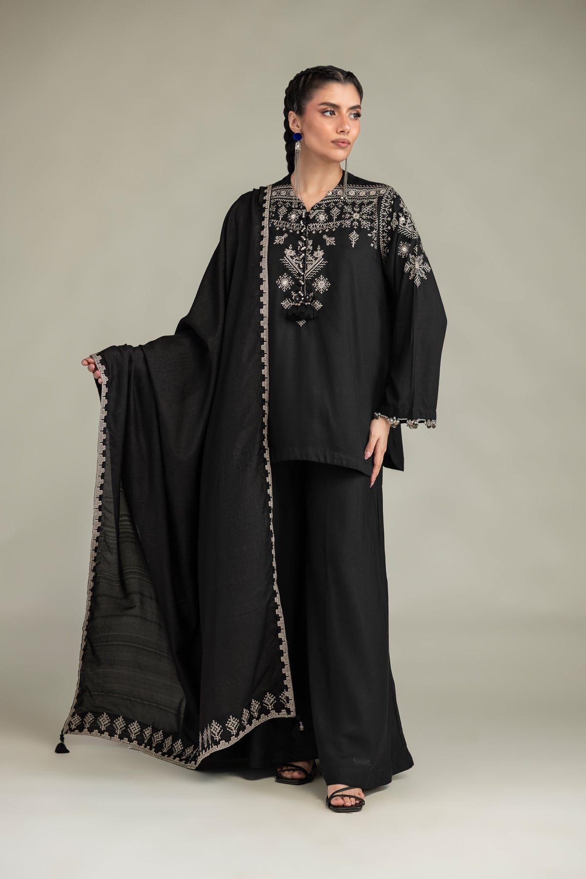 Embroidered Raw Silk Solid Silk Pants - 1-26-102-A-F-VG