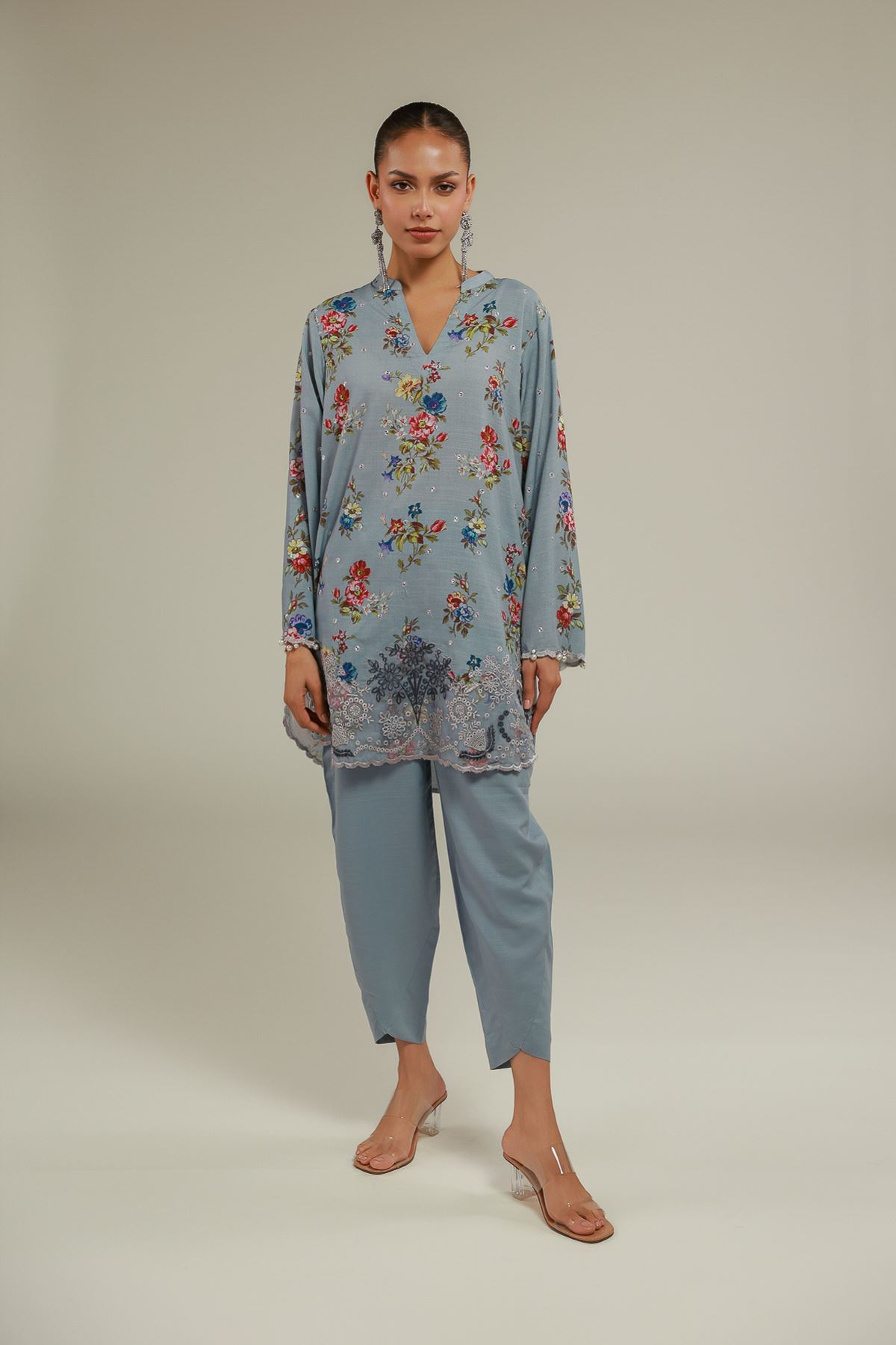 Embroidered Raw Silk Floral Lace Kurta - 1-26-108-A-F-VG