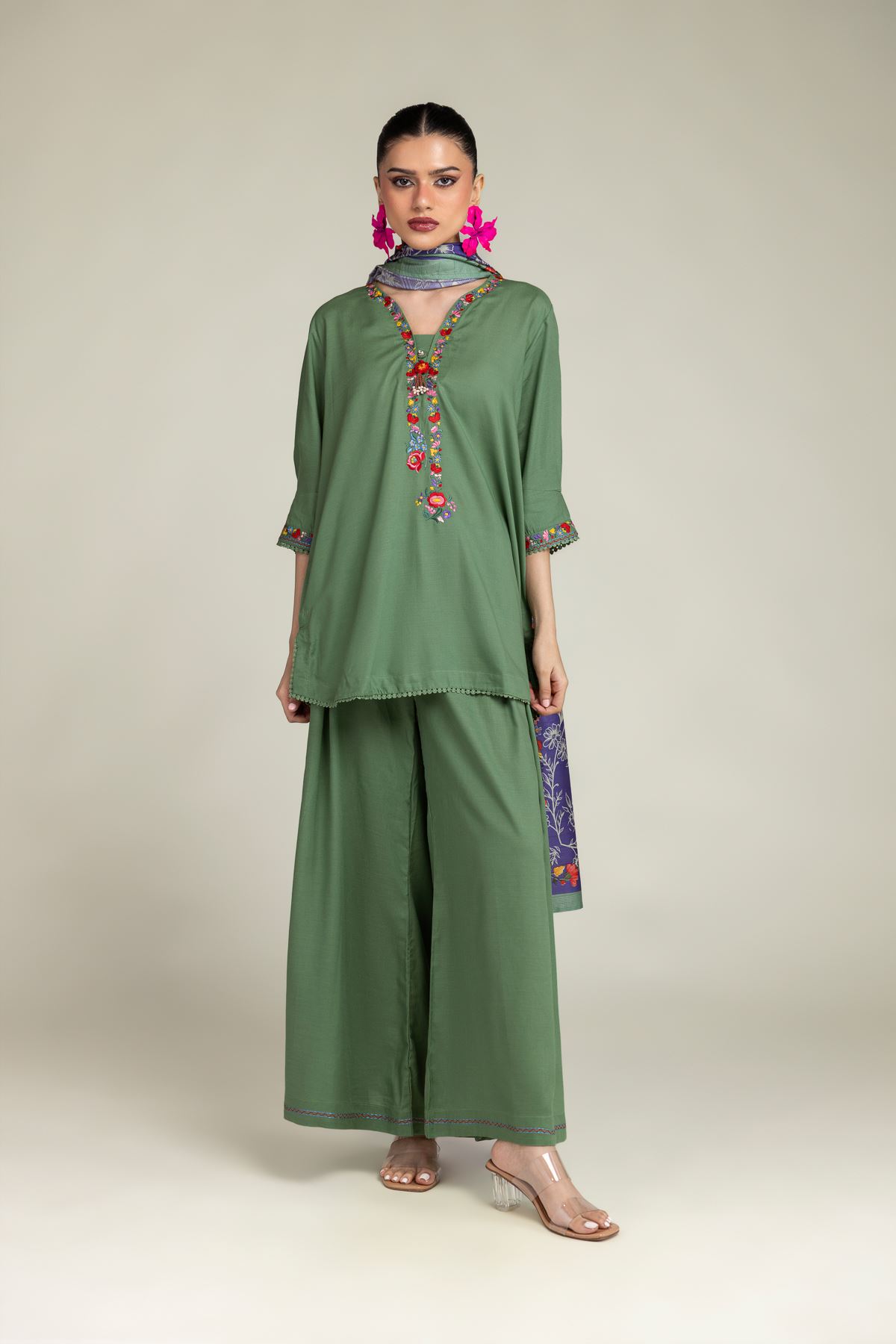 Embroidered Raw Silk Green Floral Kurta - T-A11-26-118FI2-VG