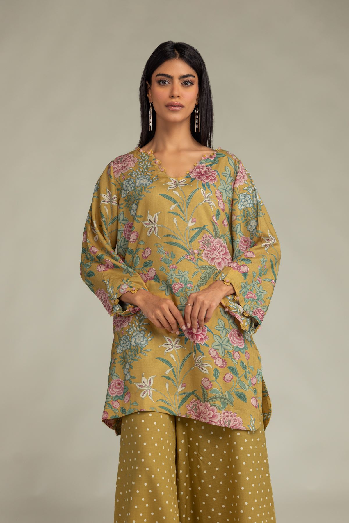 Printed Raw Silk Short Mustard Kurta - 1-26-309-B-D1-VG