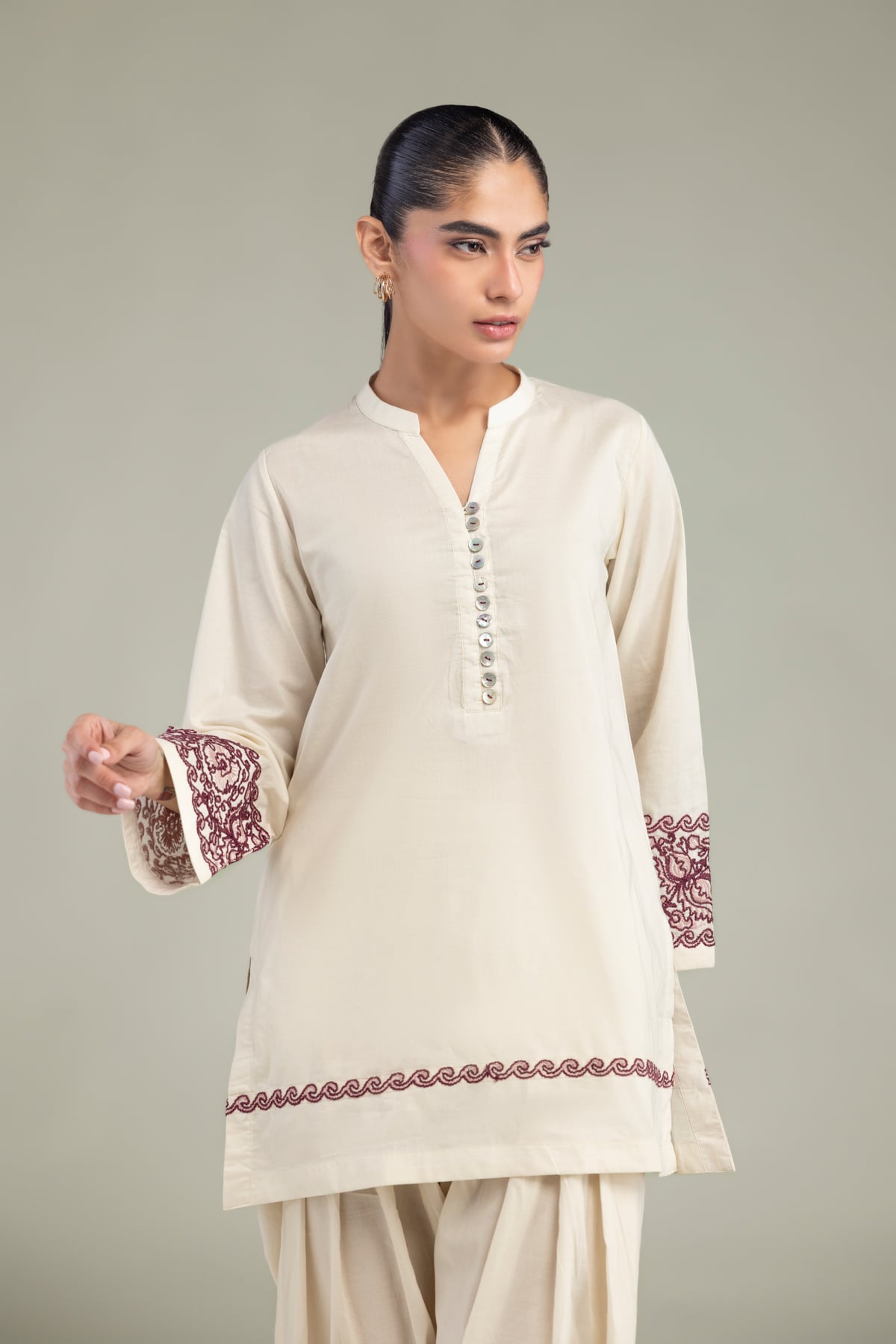 Embroidered Cambric V-Neck Cambric Kurta - 1-26-102-A-F-VG