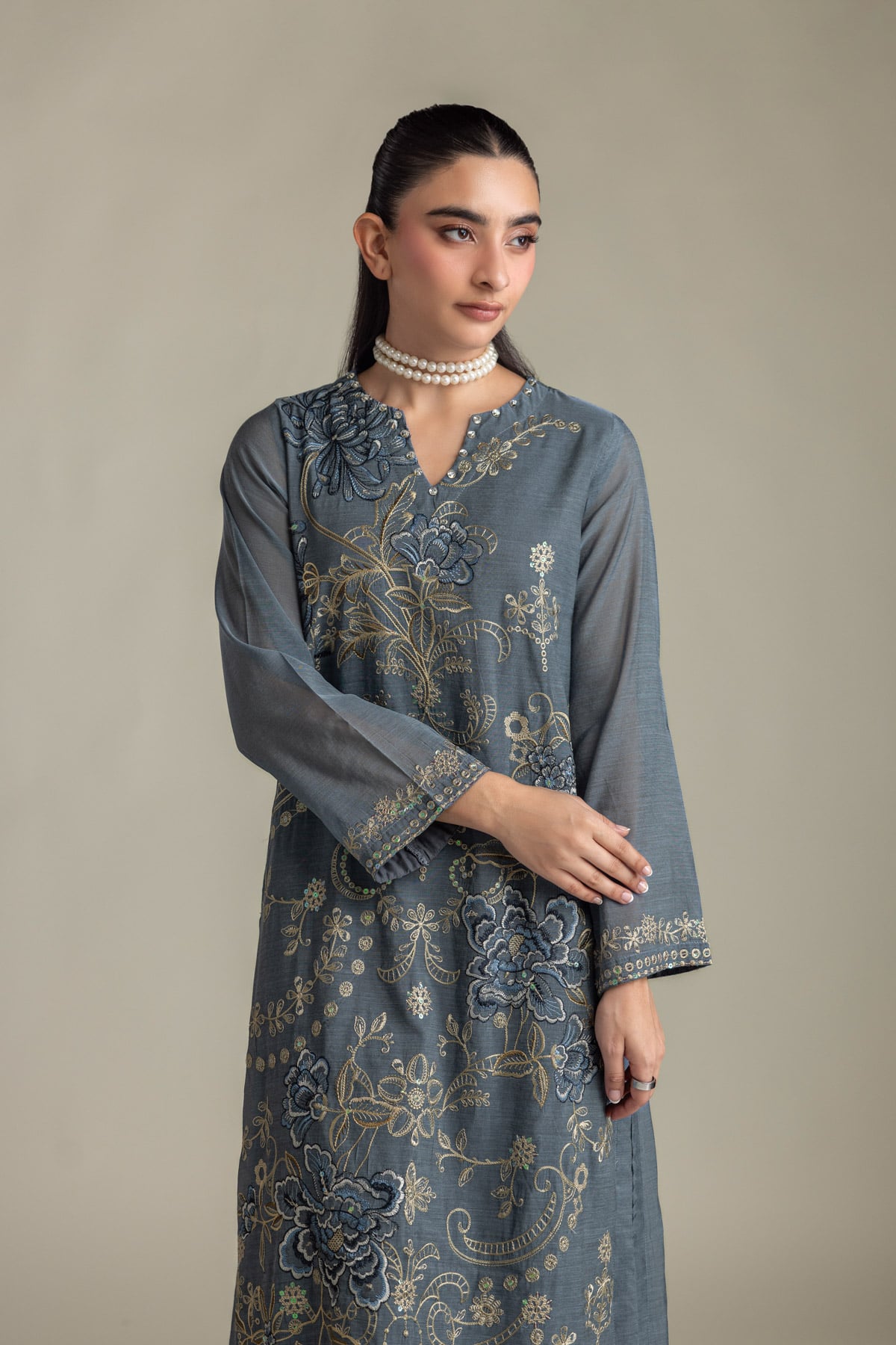 Embroidered Paper Silk Silk Floral Kurta - 2-26-418-A-A1-VG