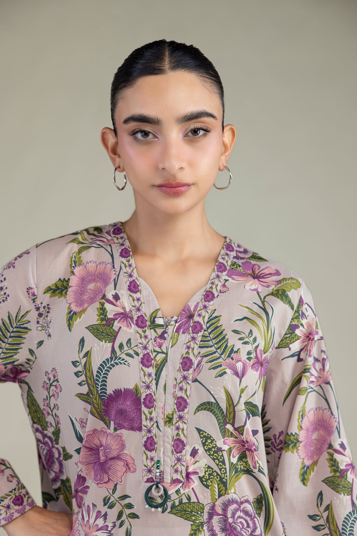 Printed Cambric Floral V-Neck Kurta - 1-26-239-A-G1-VG