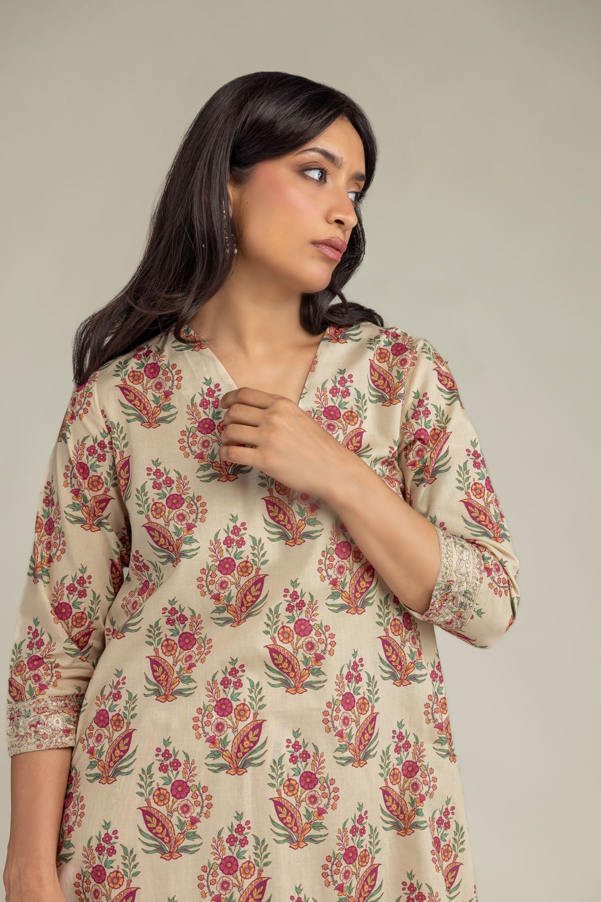 Embroidered Cambric Beige Cambric Kurta - T-A22-26-206FA1-VG