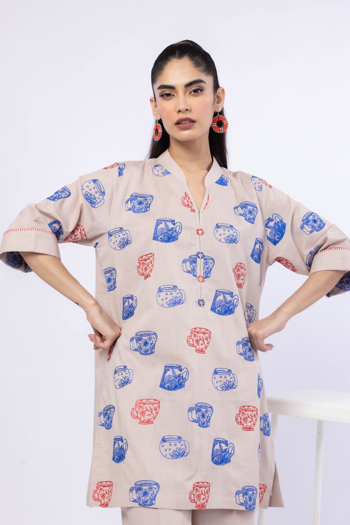 Embroidered Crosshatch Poplin Kurta - 25-09-9S3-07TB-VG