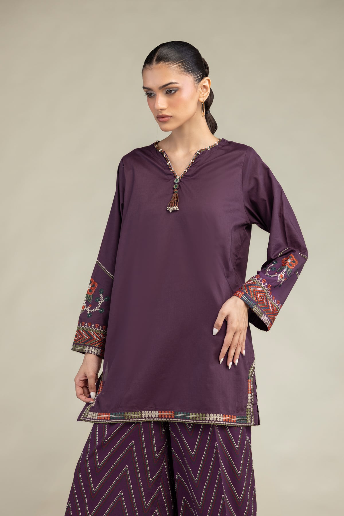 Embroidered Cambric Cambric V-Neck Kurta - 2-26-308-A-G1-VG