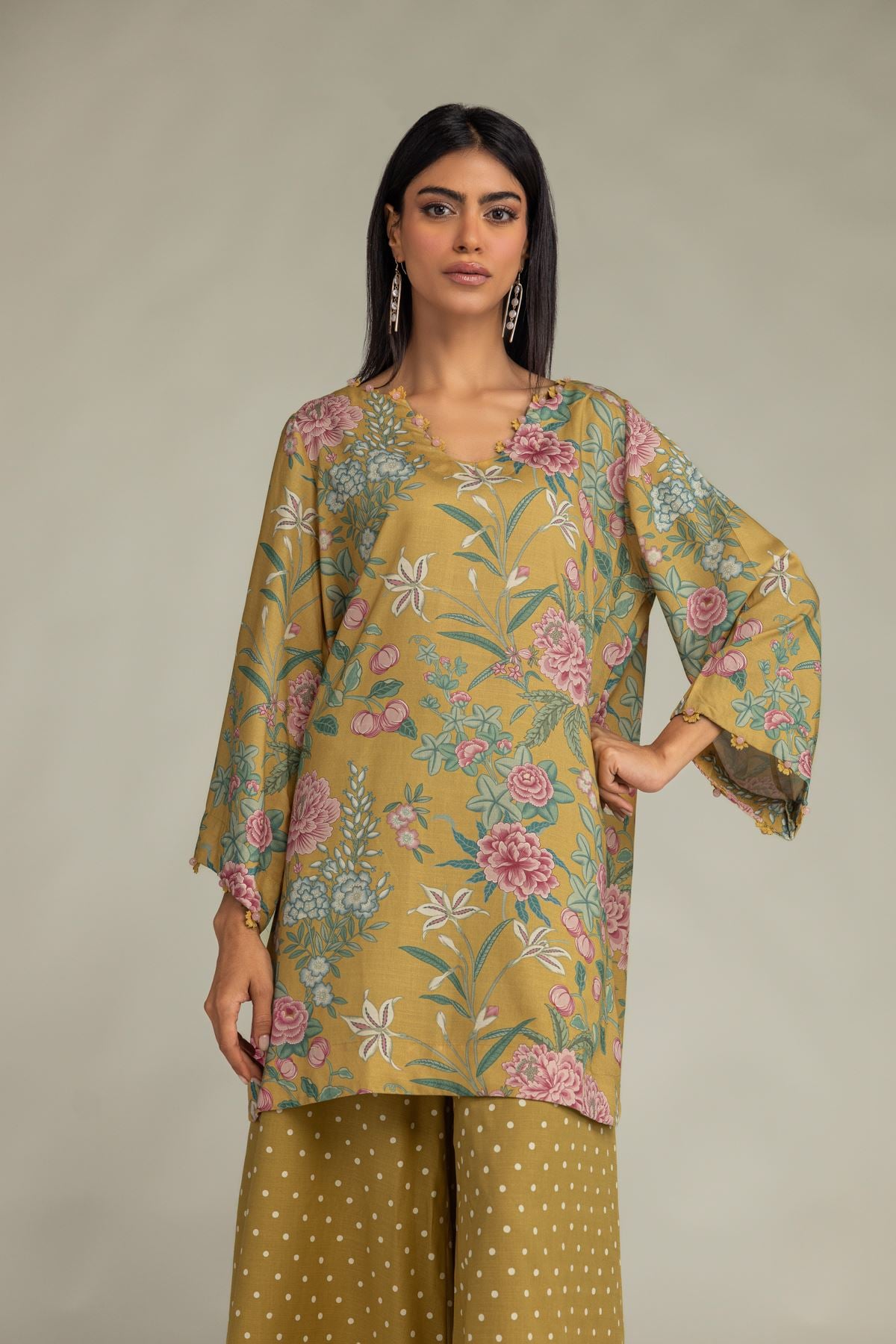 Printed Raw Silk Short Mustard Kurta - 1-26-309-B-D1-VG