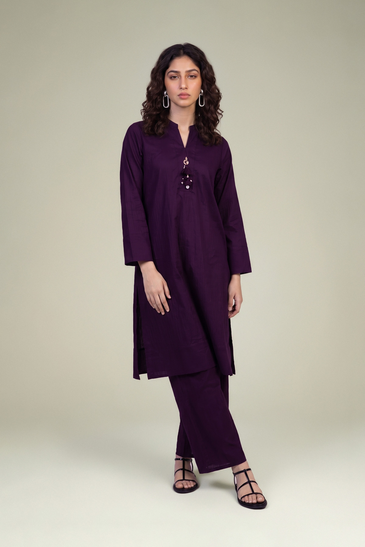 Embroidered Cotton Crinkle Purple Cotton Pants - 1-26-102-A-F-VG