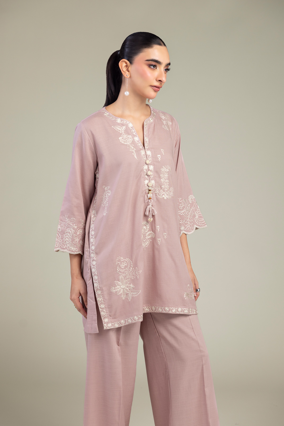 Embroidered Raw Silk V-Neck Pink Kurta - 1-26-309-B-D1-VG
