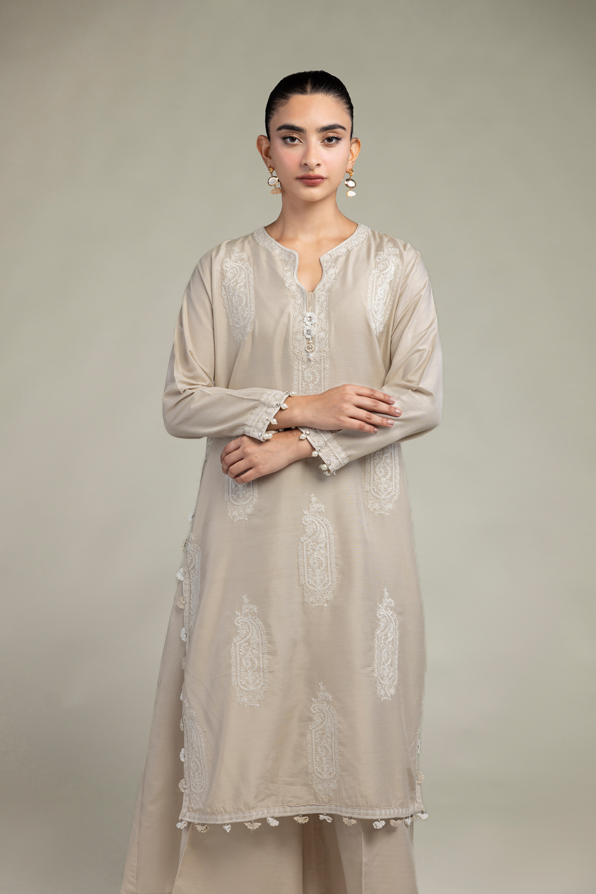 Embroidered Raw Silk Paisley Beige  Kurta - T-A33-26-204FB1-VG