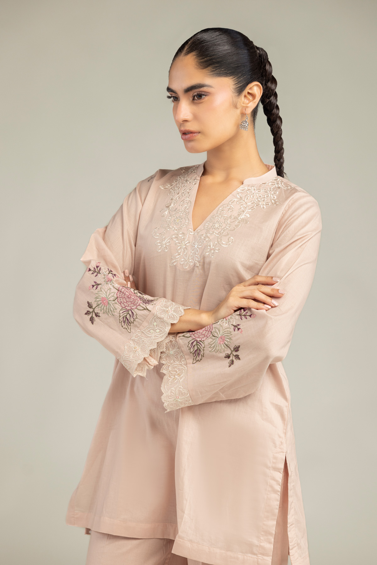 Embroidered Cambric V-Neck Short Kurta - 1-26-102-A-F-VG