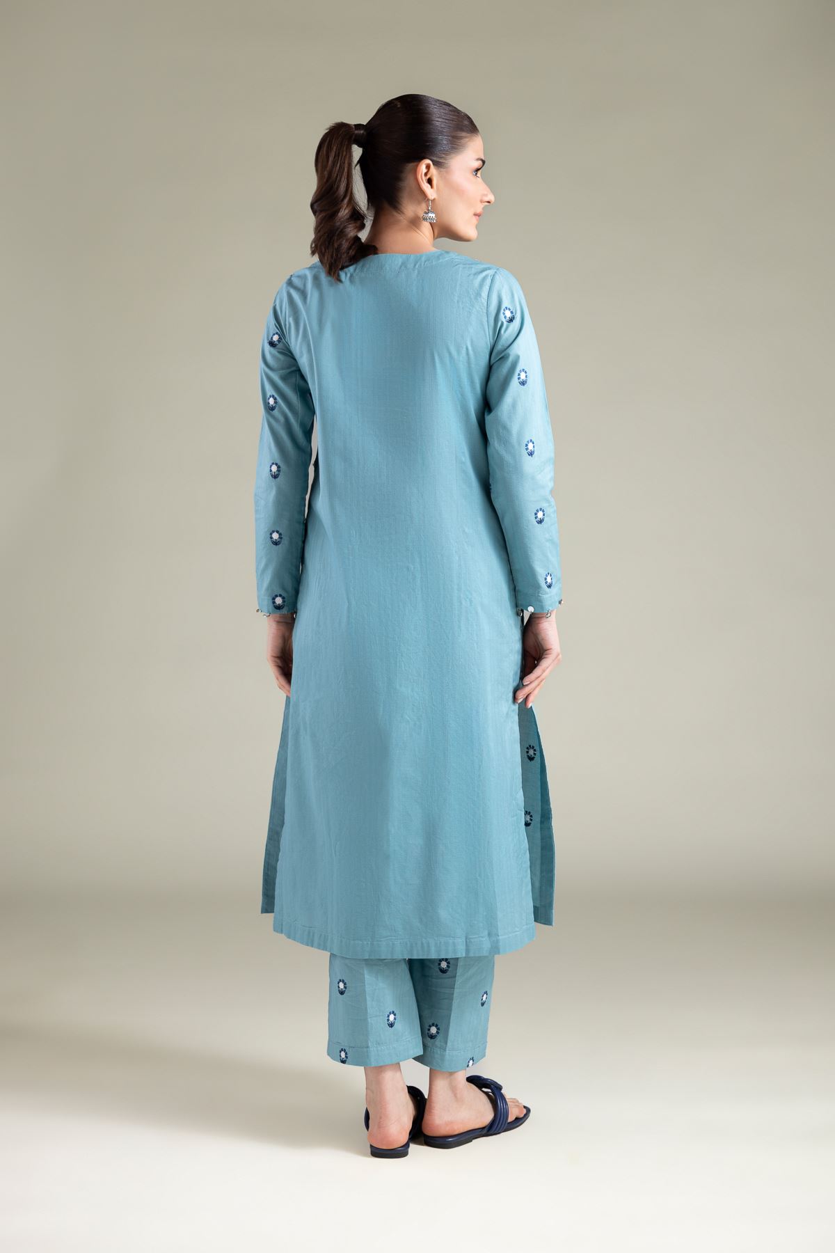 Embroidered Cotton Dobby Longline V-Neck Kurta - 1-26-113-A-F-VG