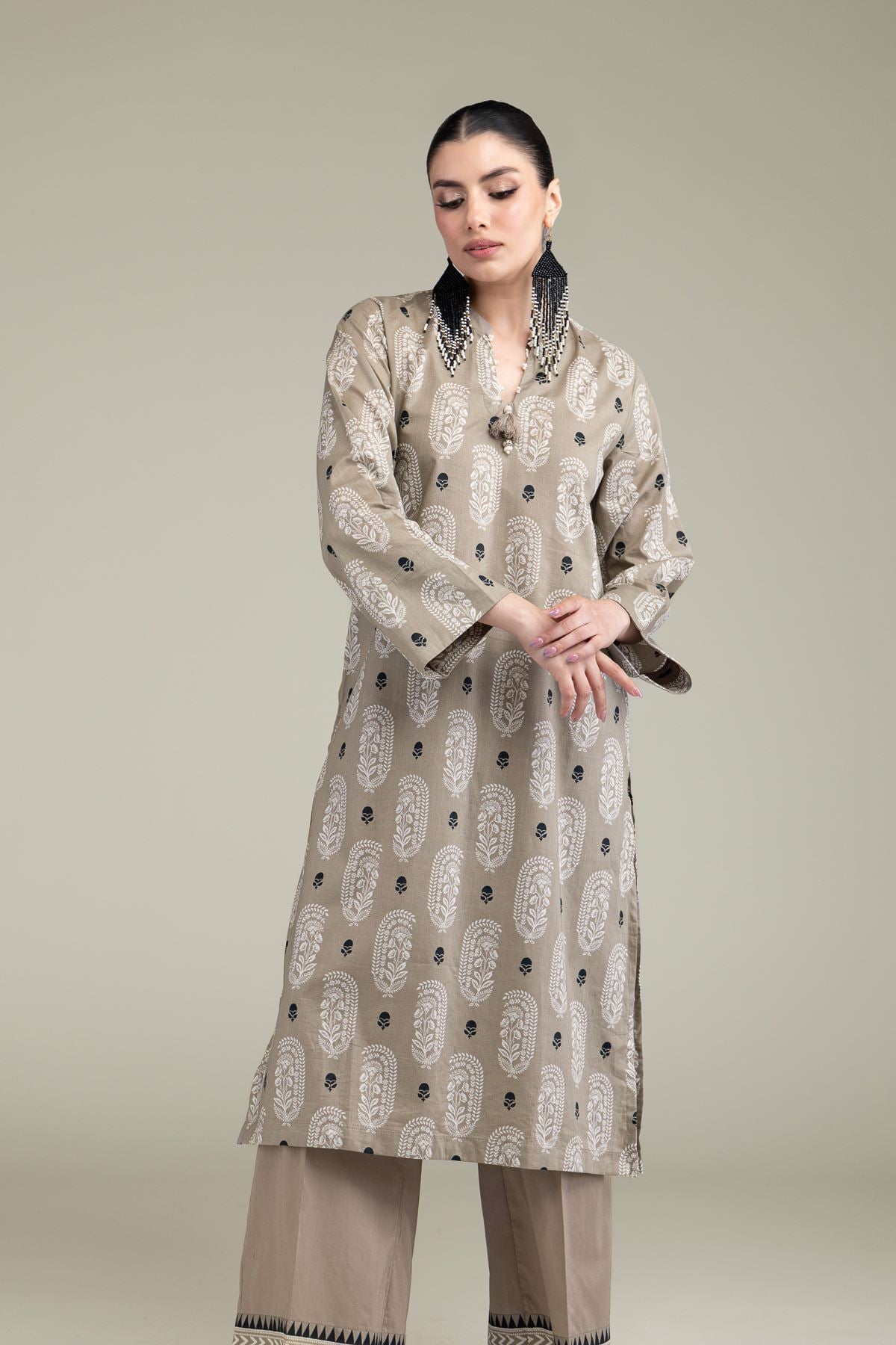 Printed Cambric Paisley Longline Kurta - 25-10-12E6-07BA-VG