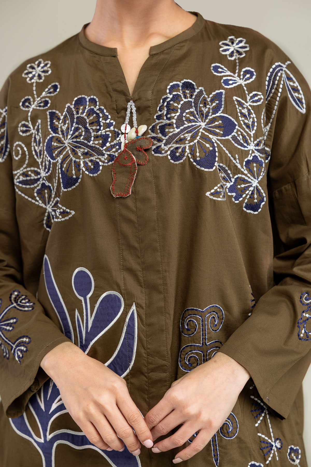 Embroidered Cambric Floral V-Neck Blouse - 1-26-102-A-F-VG