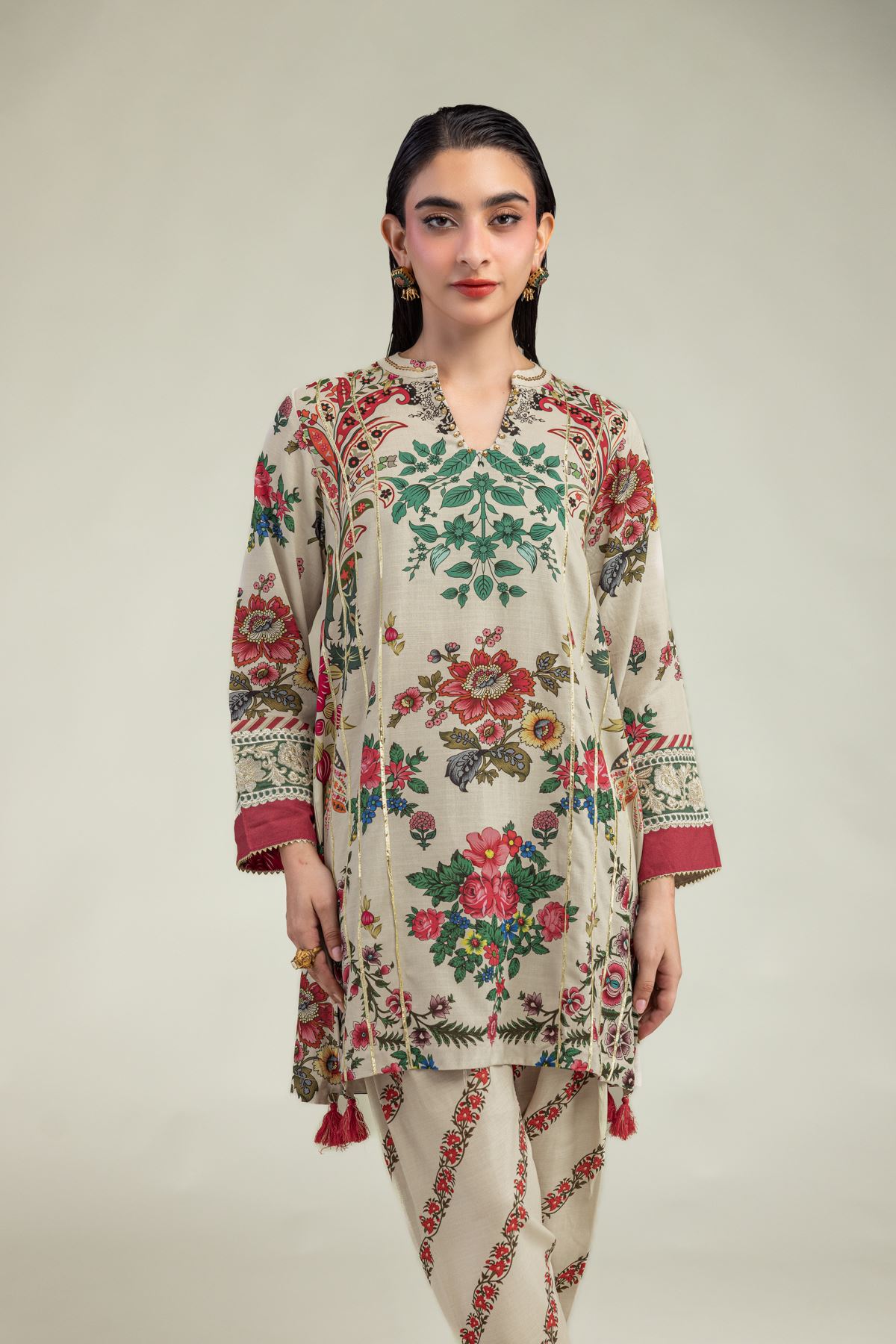 Embroidered Raw Silk Floral Beige Kurta - 1-26-203-A-C1-VG