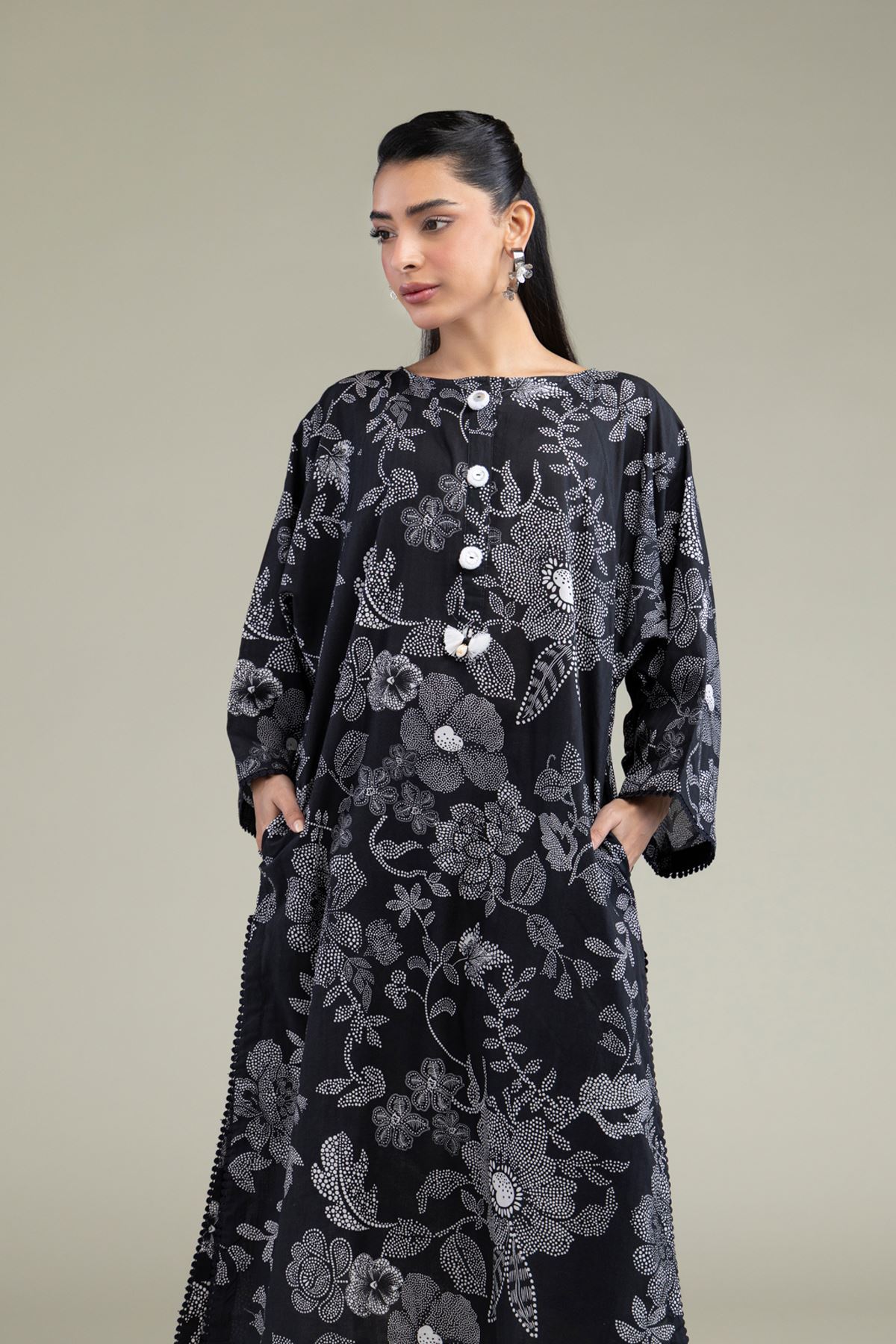 Printed Cotton Dobby Black Longline Kurta - 1-26-219-A-D1-VG