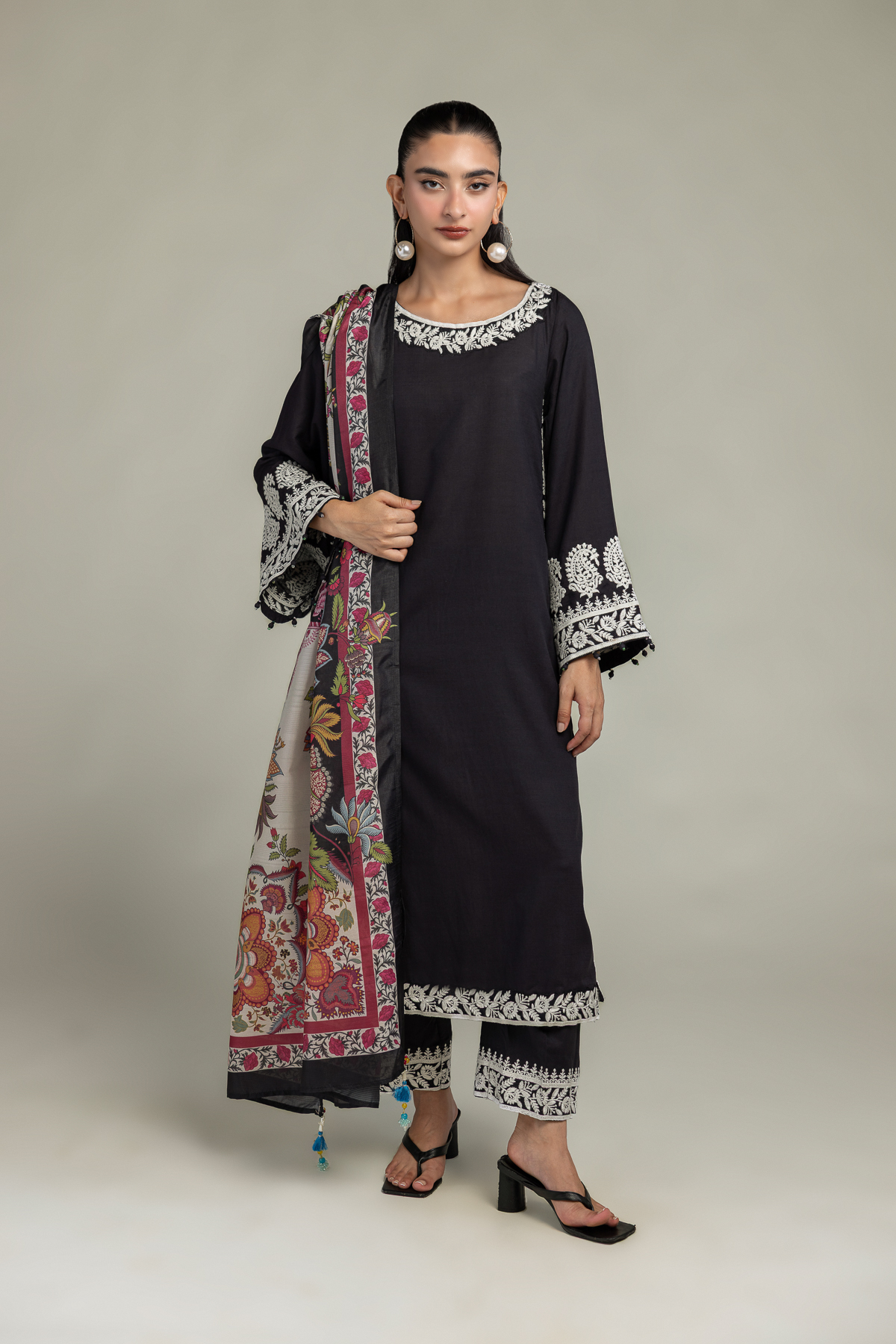 Embroidered Raw Silk Black Silk Pants - 1-26-102-A-F-VG