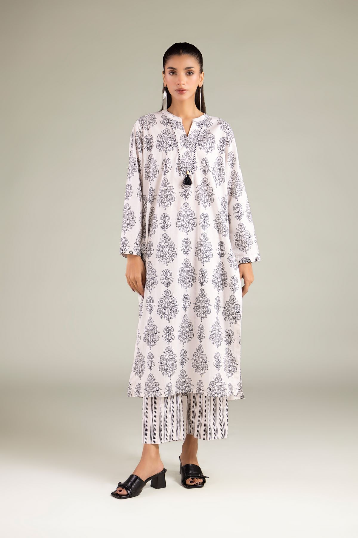 Printed Cambric Floral V-Neck Kurta - 1-26-129-A-D-VG