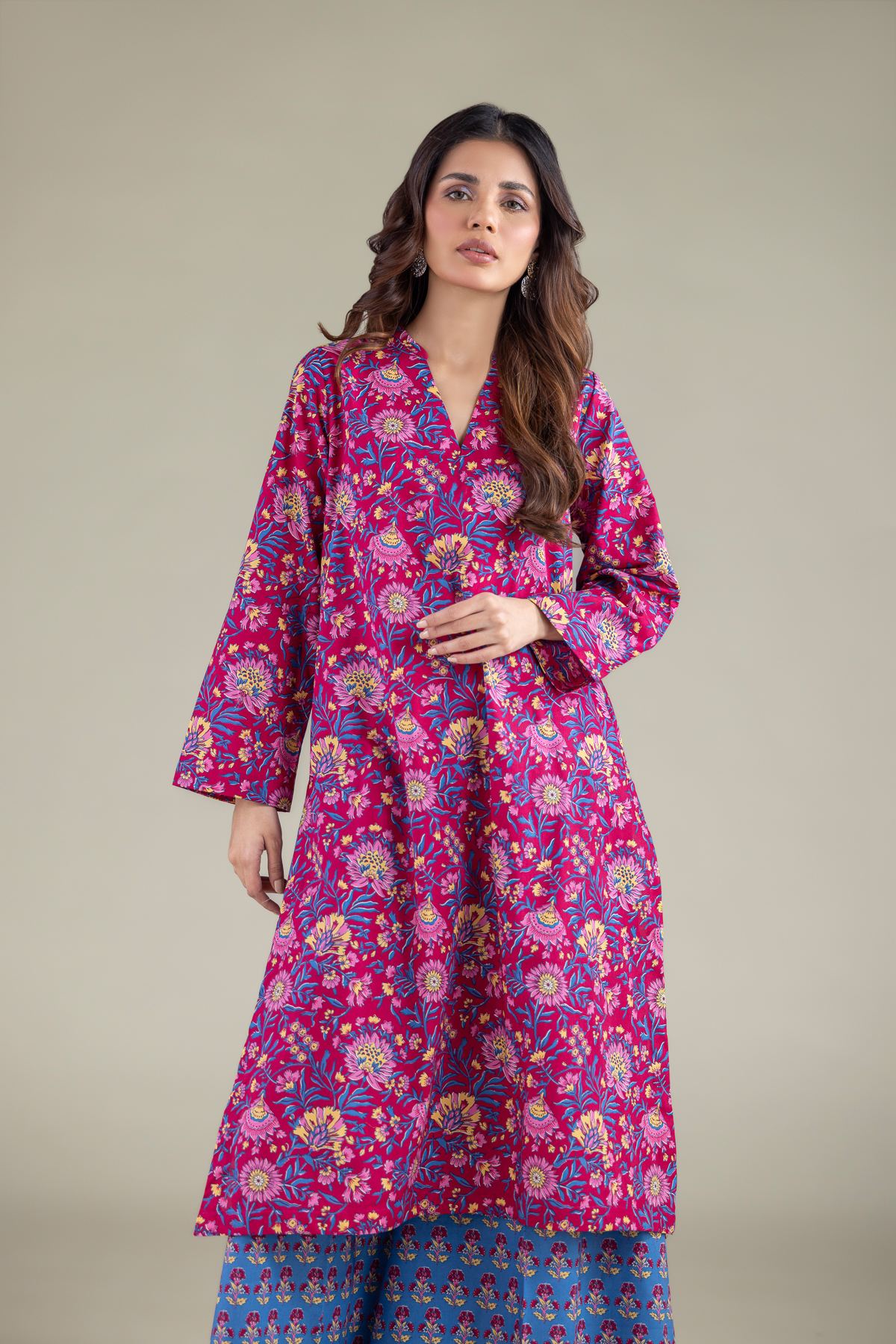 Printed Cambric Floral Longline Kurta - 5-26-102-F-A-VG