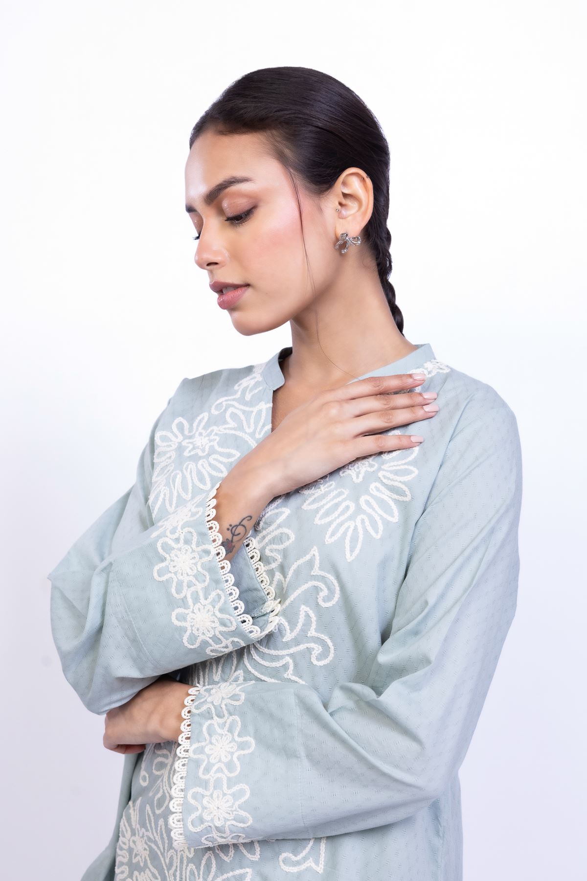 Embroidered Cotton Dobby Floral V-Neck Kurta - 1-26-101-A-C-VG