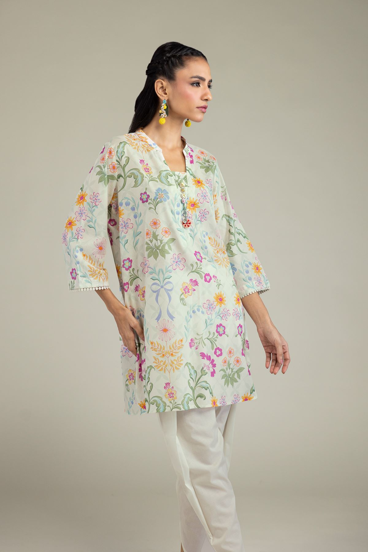 Printed Cambric Floral Buttoned Kurta - 25-10-12E7-09TB-VG