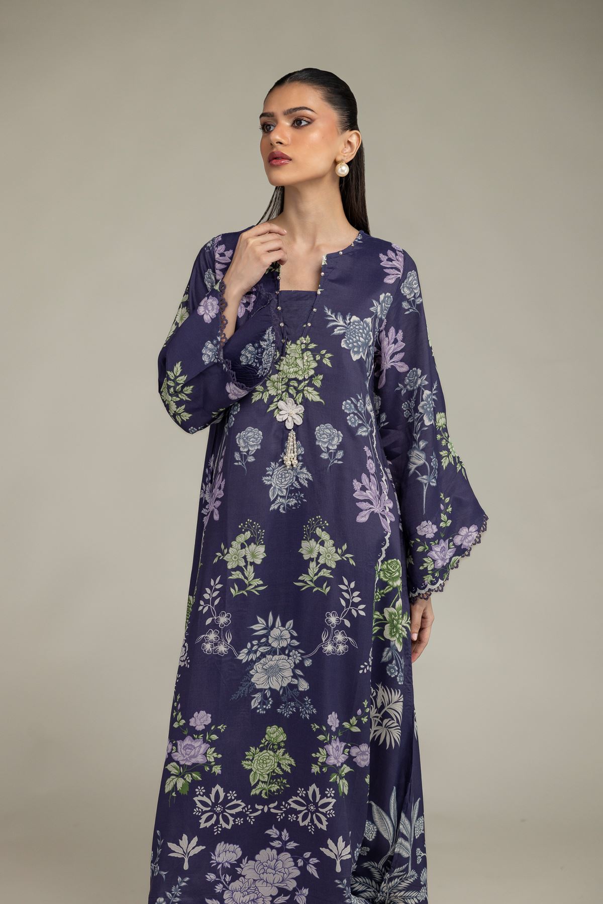 Embroidered Raw Silk Navy Longline Kurta - 1-26-245-A-E1-VG