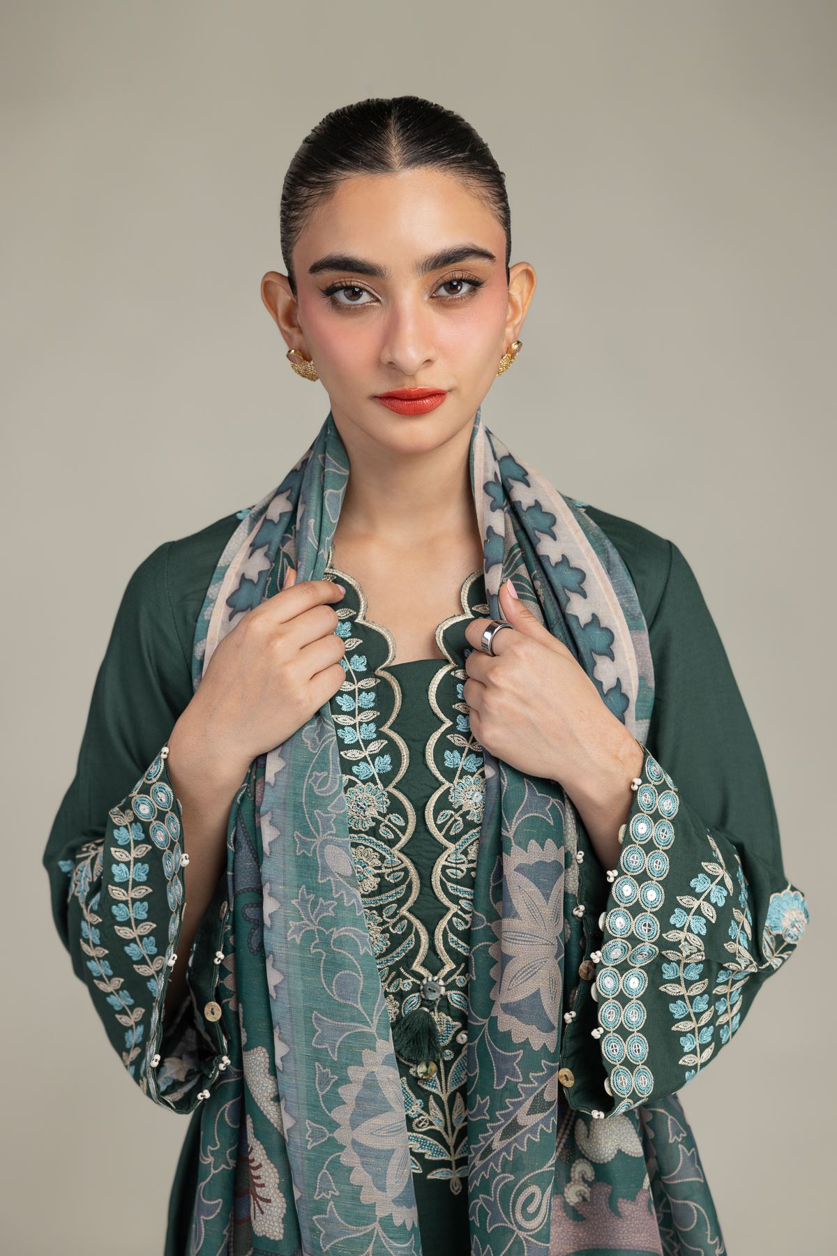 Embroidered Mesuri Green Floral Dupatta - 1-26-203-A-H1-VG
