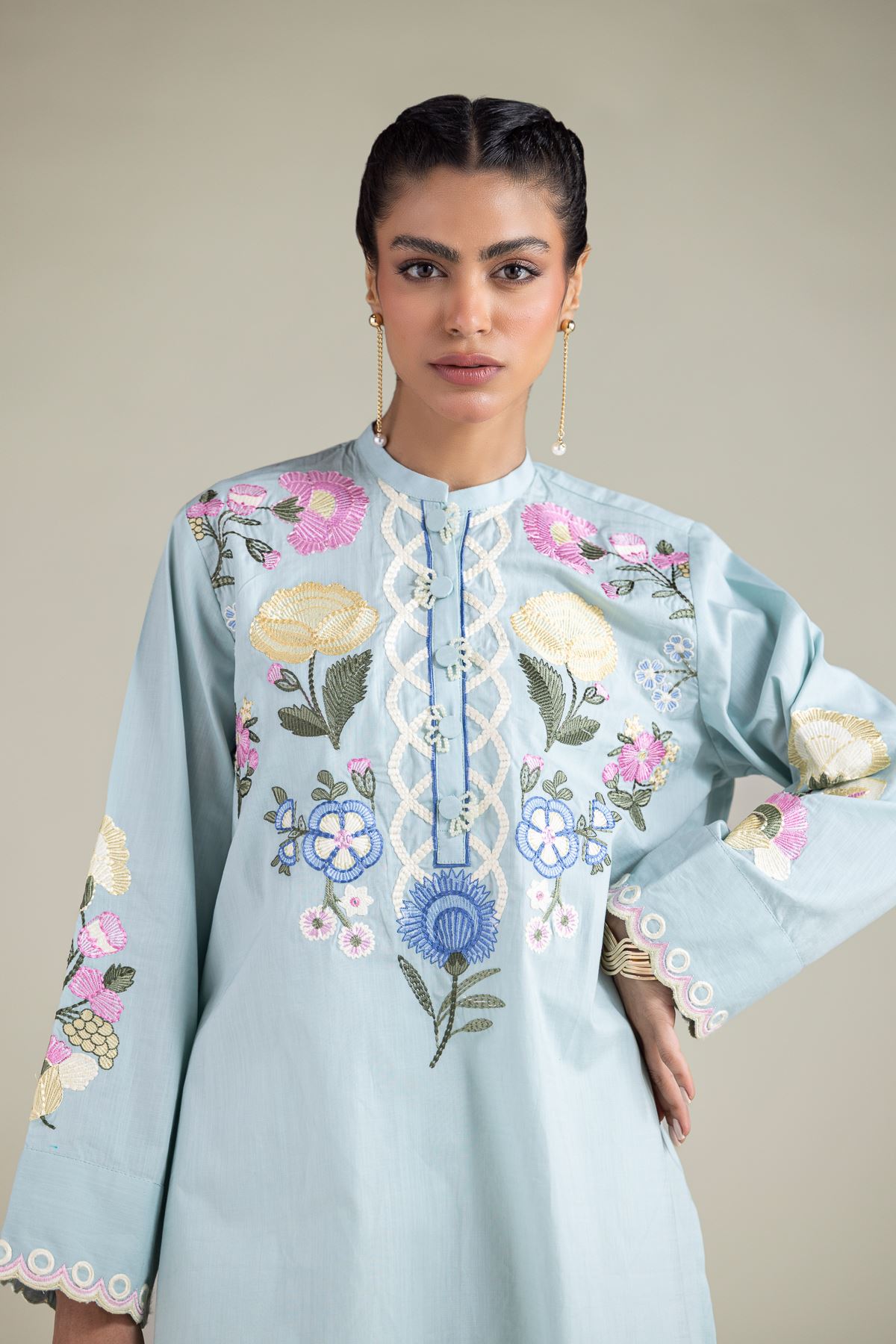 Embroidered Textured Cotton Floral Band Collar Kurta - 1-26-103-A-A-VG