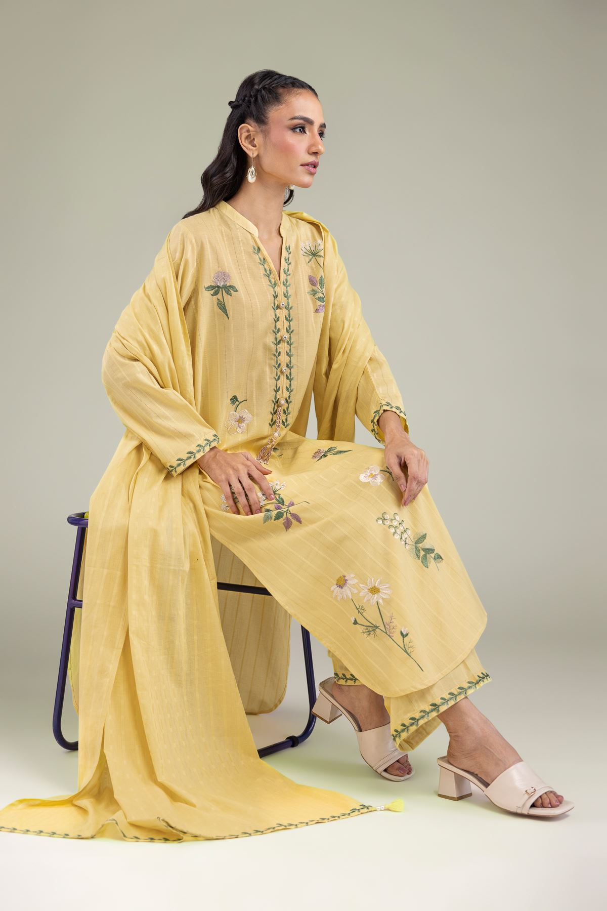 Embroidered Textured Cotton Cotton Longline Kurta - 1-26-206-A-F1-VG