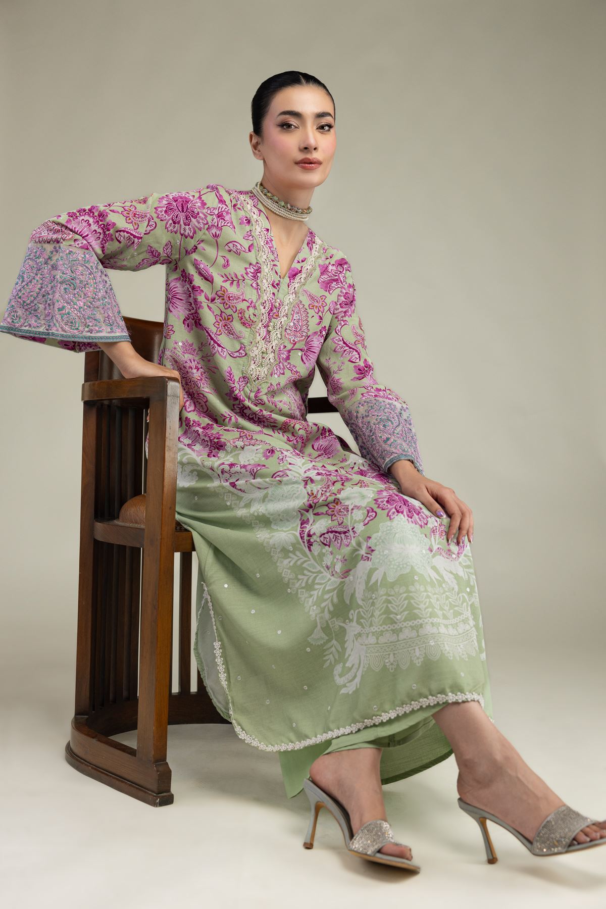 Embroidered Raw Silk Floral Longline Kurta - 2-26-212-A-C1-VG