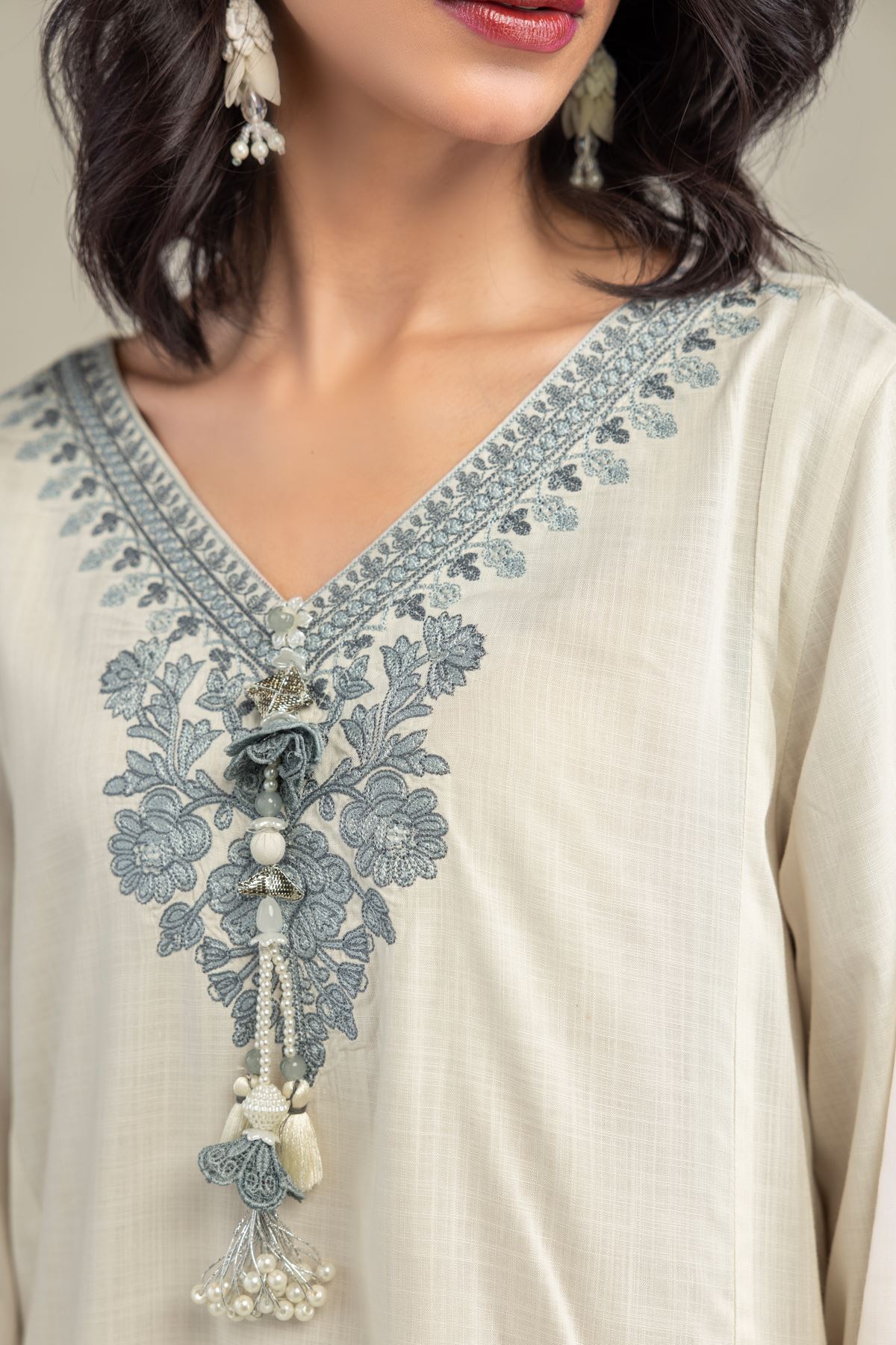 Embroidered Raw Silk Floral V-Neck Kurta - 2-26-301-A-E1-VG