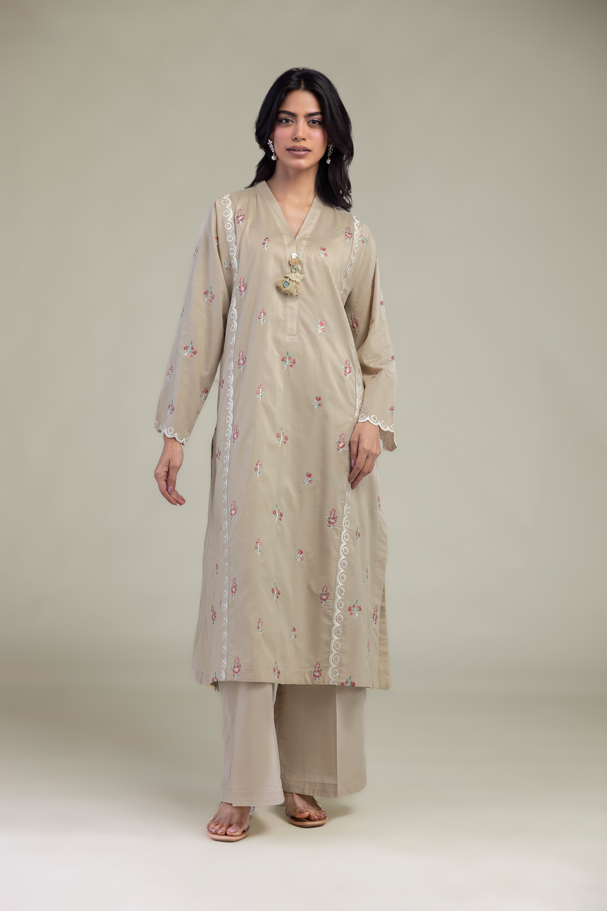 Embroidered Cambric Cambric Longline Kurta - 1-26-309-B-D1-VG