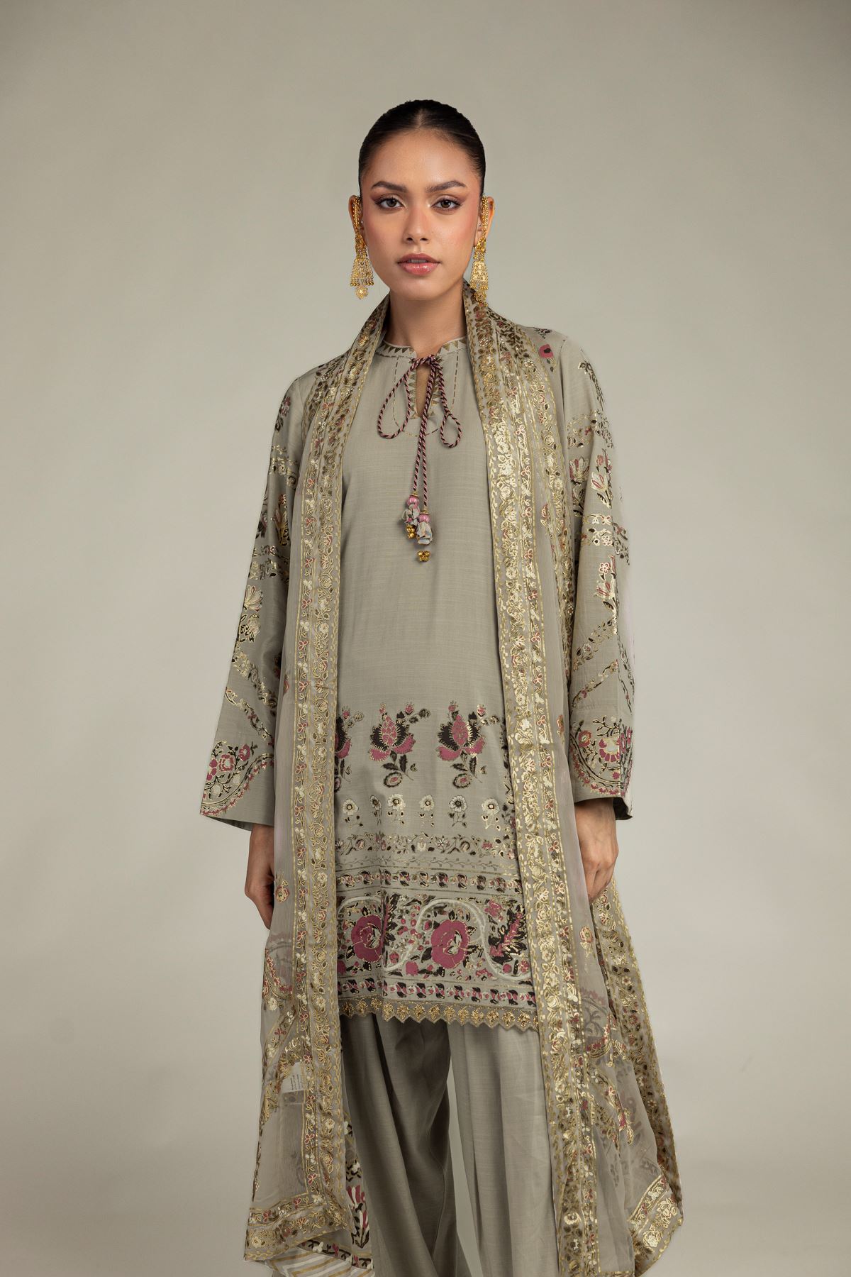Embroidered Raw Silk 3-piece Co-ords Set - T-A11-26-118FI2-VG