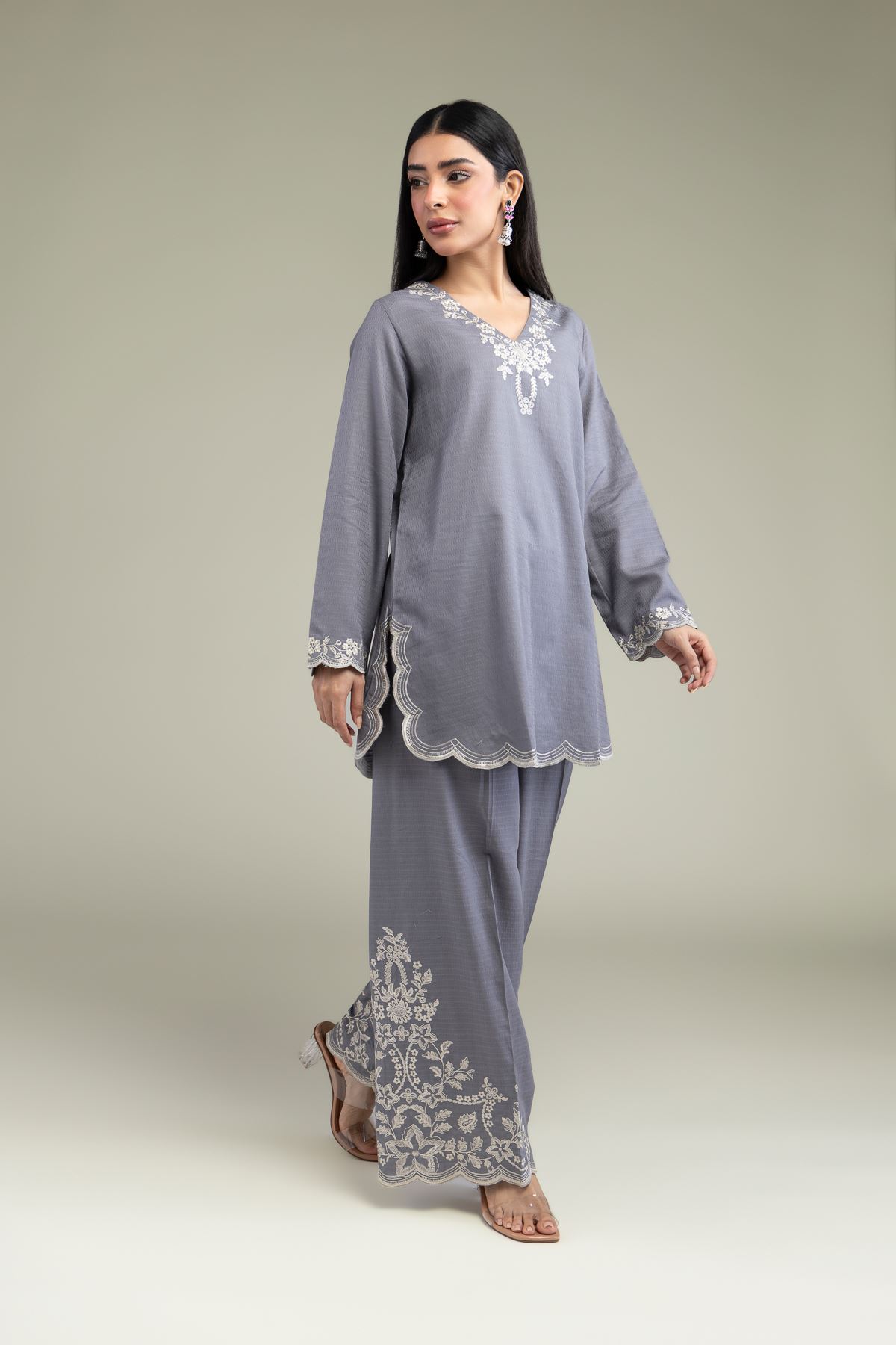 Embroidered Cotton Dobby Gray Floral Pants - 25-09-12E2-05TA-VG